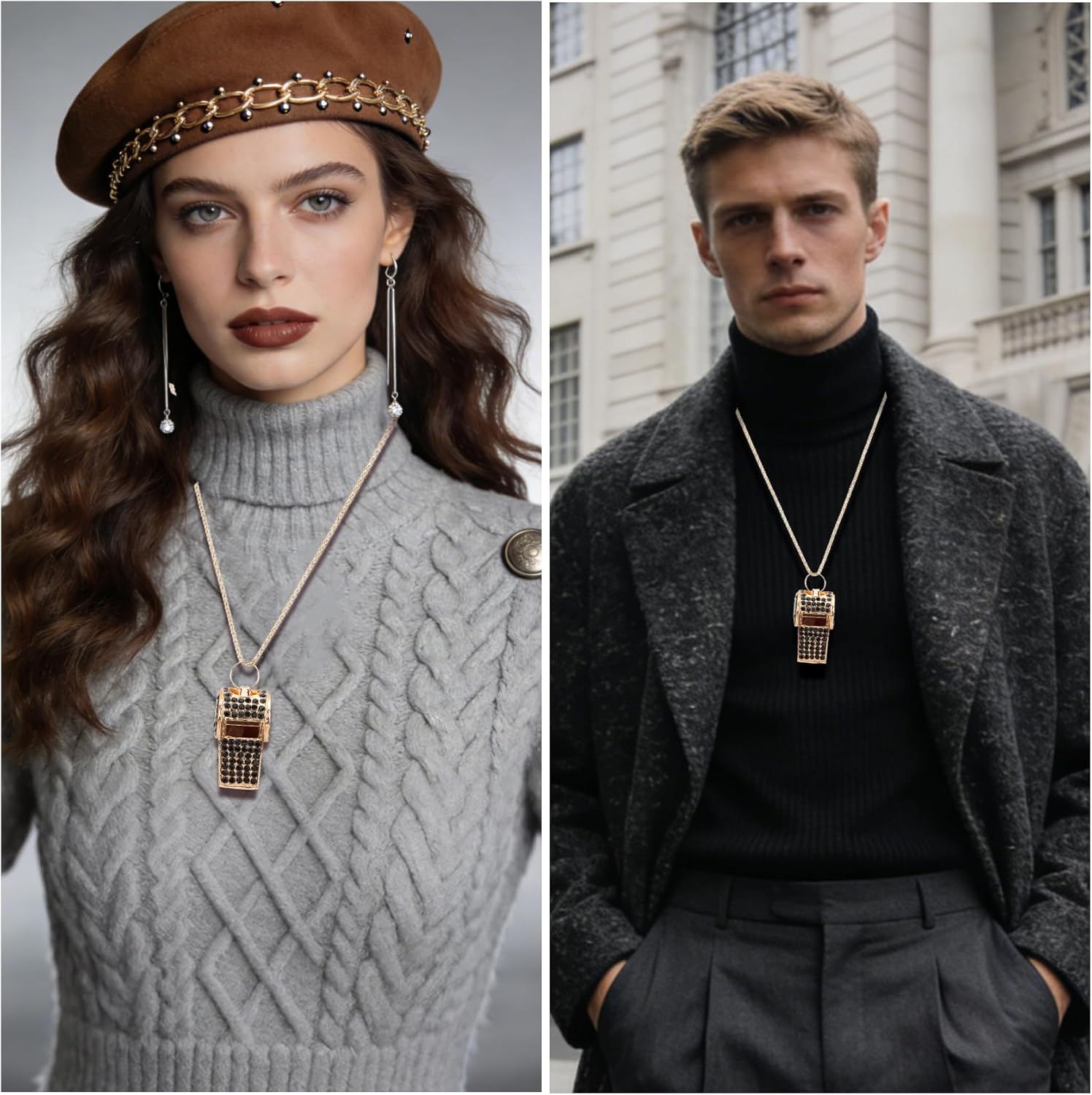 Whistle Metal Crystal Rhinestone Whistle Bling Whistles Shining Glitter Whistles with Chain Necklace Fashion Party Accessory Gifts for Women Men Referee Coaches Teacher Official Training Sport