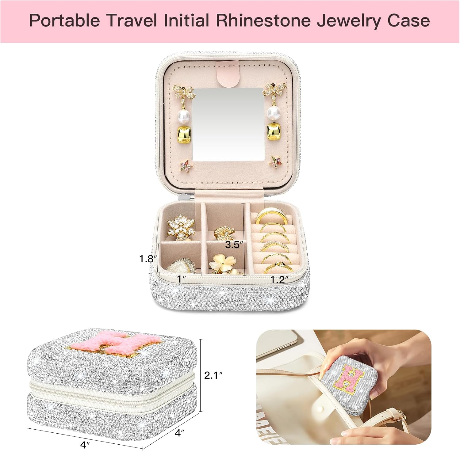 Soleebee Bling Crystal Travel Jewelry Case, H Initial Jewelry Box for Women Girls, Portable Small Jewelry Organizer Travel Essentials for Necklace Earrings Rings - Letter H, Silver image 2