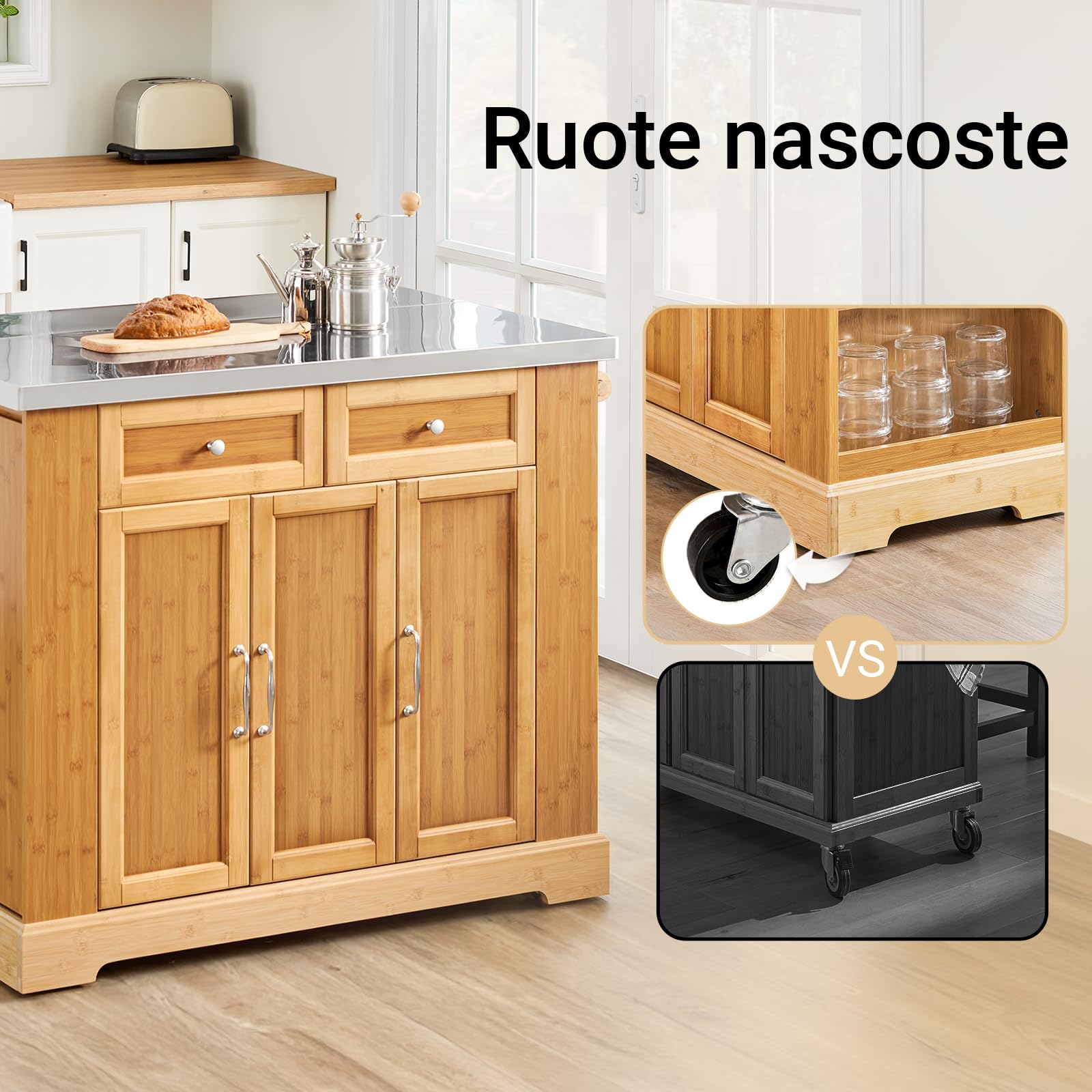 SoBuy Isola Cucina su Ruote con Piano di Lavoro Estendibile, Mobiletto Salvaspazio, Carrello da Cucina con Ruote, con Due Cassetti e Ripiano Regolabile Naturale 107x(46–71) x92,5 cm FKW130-N