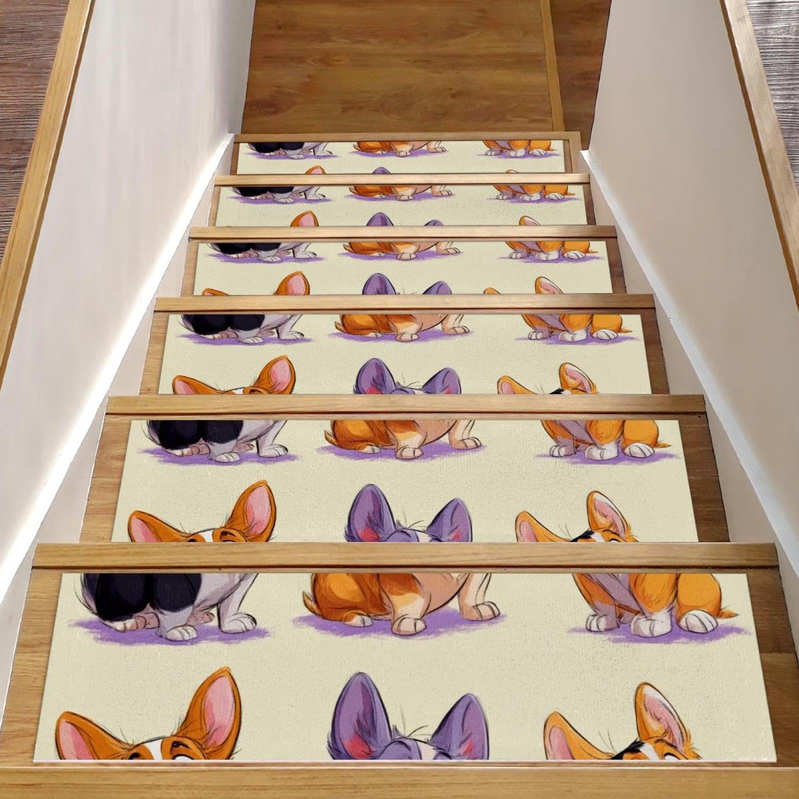 CHENZZZZ 15 PCS Cartoon Corgis Stars (2) Stair Treads Carpet Runners Non Slip Self Adhesive Safety 30inx8in
