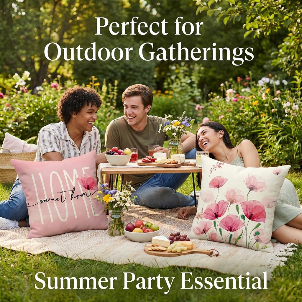 Wasserdichter Outdoor Kissenbezug 40x40, 2er Set Garten Balkon, Doppelseitig Rosa Blumen Design, Modern Dekokissen Leinen-Polyester Mix, Sommerfest für Garten Sofa Couch Wohnzimmer Schlafzimmer - 4