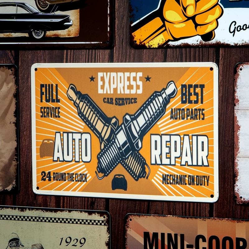 Image of Eazywagon Decorative Retro Metal Signs Wall Plate - 12x8 Inch (Auto Repair-Express Car Service) Weatherproof Vintage Metal Sign Plate for Cafe, Home, Bar, Garage | Decorative Wall Hanging Sign Board