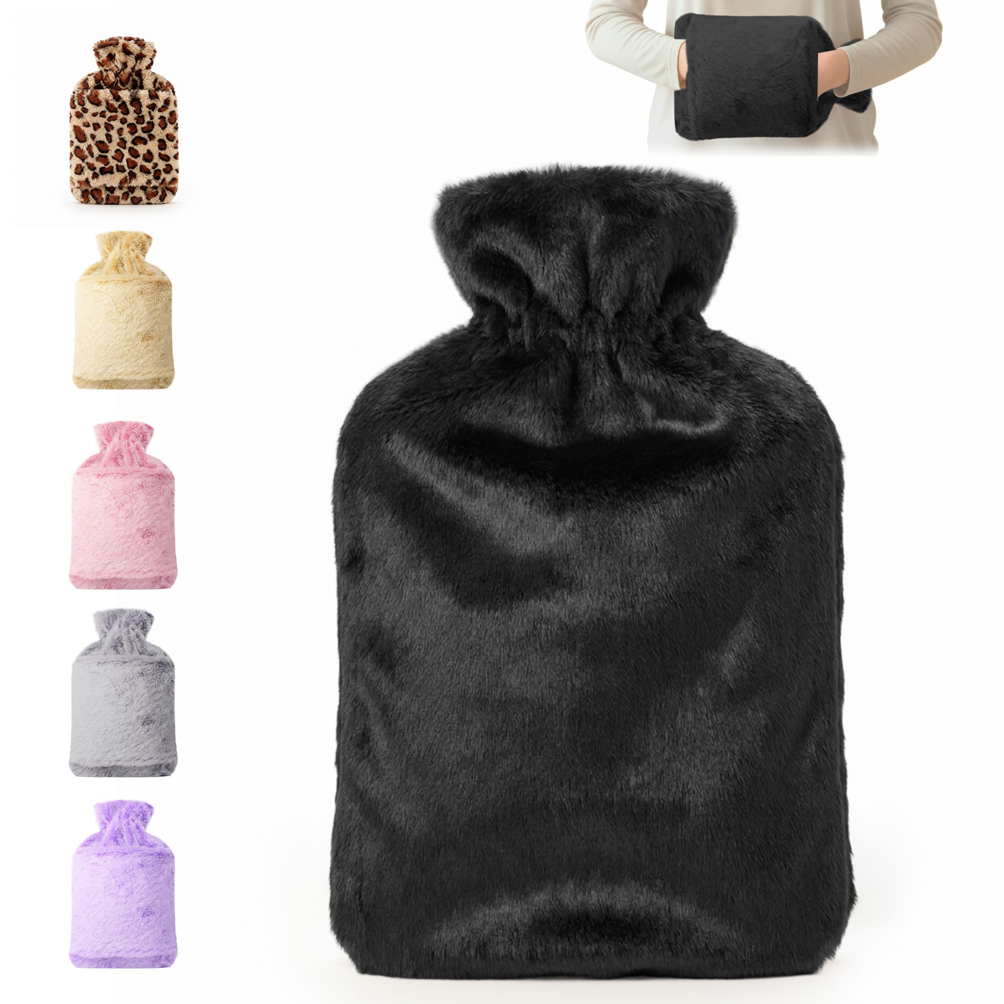 KEPLIN Fluffy 2L Hot Water Bottle with Faux Fur Cover, Black | Fluffy 2L hot water bottle with removable washable faux fur cover. Leakproof natural rubber, soft against skin.