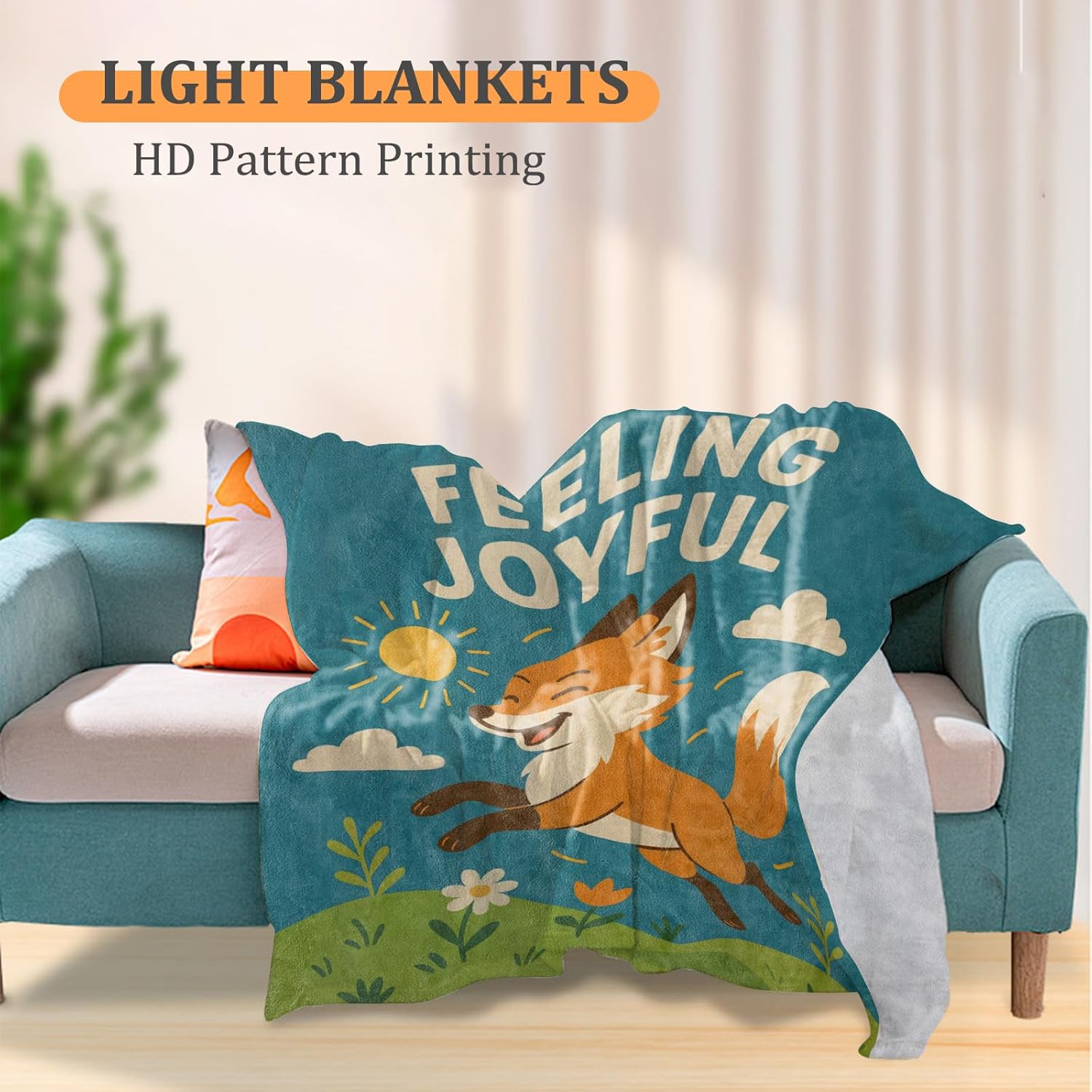 Joyful Fox Blanket, Sunny Cartoon Scene 60 x 50 Inch Flannel Throw Blanket, Gifts for Women Kids, Lightweight Cozy Warm Blankets for Sofa Travel Home Decor