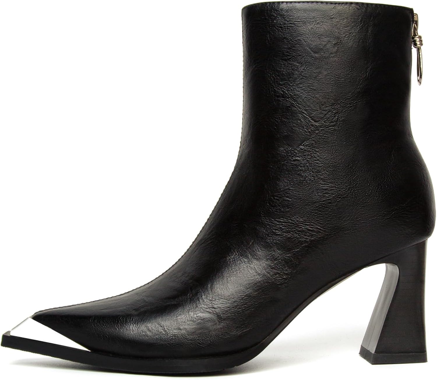 Pointed Toe Ankle Boots for Women Metal Leather Side Zipper Chunky Block Heels Comfortable Fall Booties Women Short Boots - Image 5