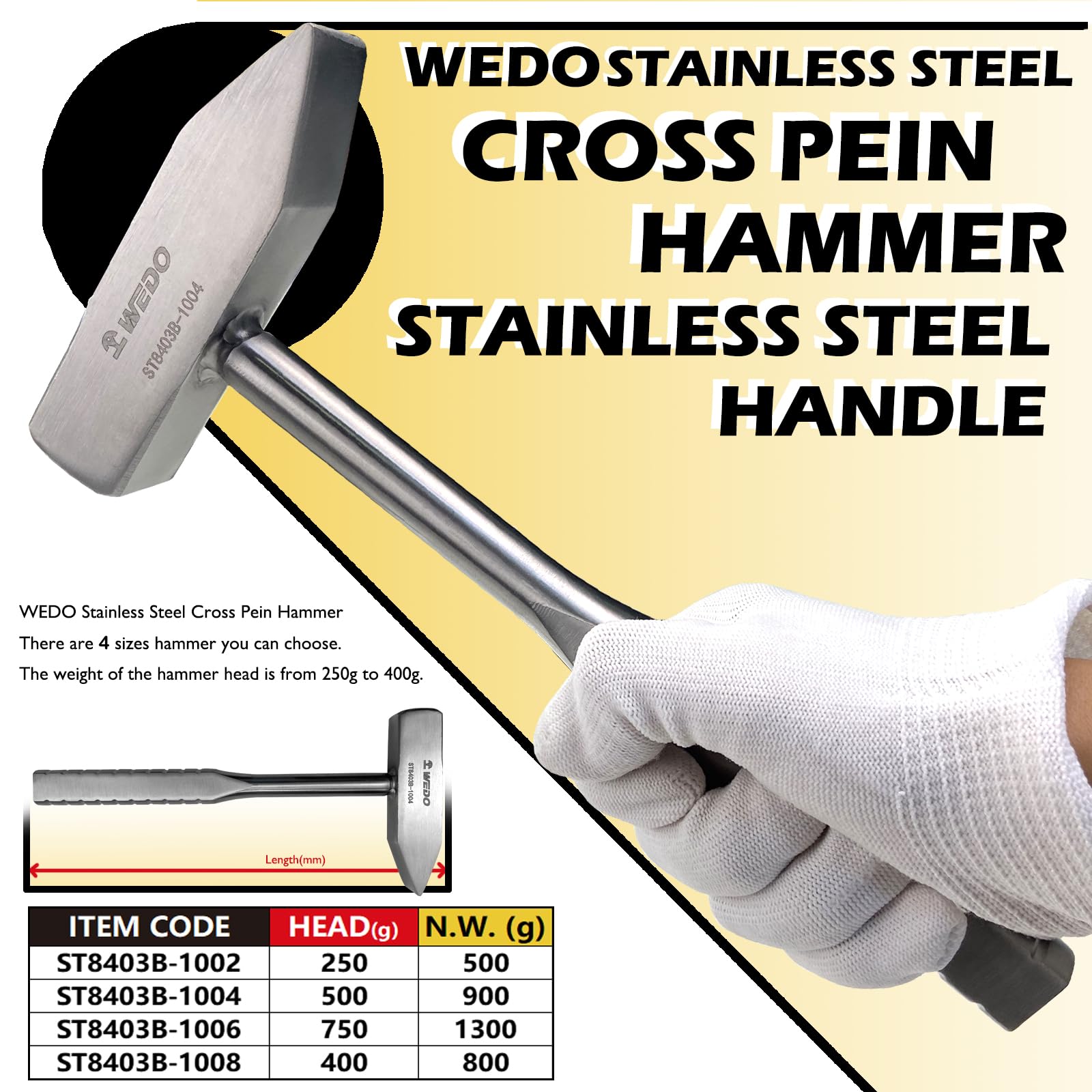 WEDO Stainless Steel Cross Pein Hammer 500g(1lb),Cross Pein Engineers Hammer with Flat Handle,Length 240mm,Corrosion Resistant - Image 2