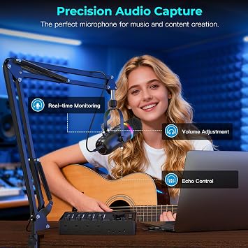 zealsound USB Microphone, Cardioid Condenser Mic Set with Arm, K66s Black | Noise Reduction, Mute, Gain & Realtime Monitor Jack, for PC & Phones, with USB-C & Lightning Adapter, for Podcast, Streaming