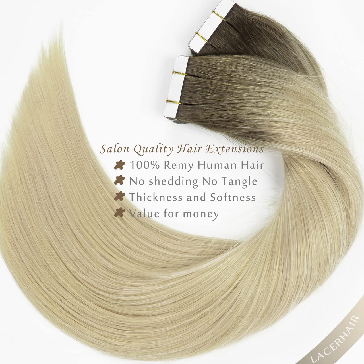 Lacerhair Natural Hair Remy Tape in Human Hair Extensions #8G/60A Light Ash Brown to Light Platinum Blond Dip Dyed Seamless PU Skin Weft Real Remy Invisible Hair Double Side 50g 20pcs 18inch