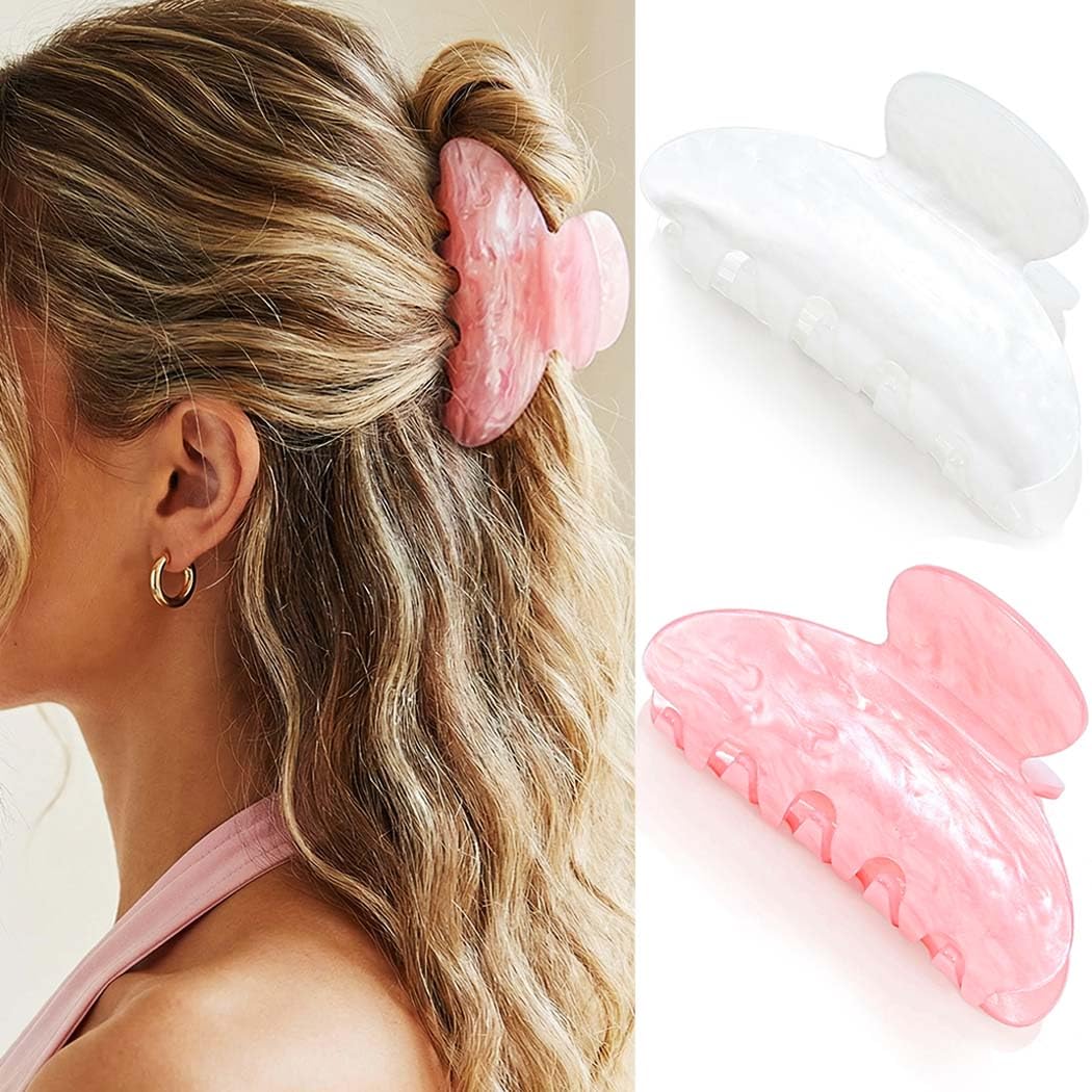 Fashey Acrylic Claw Clip Pink Hair Clips Cute Medium Hair Claws for Thick Hair Accessories for Women (pink+white)