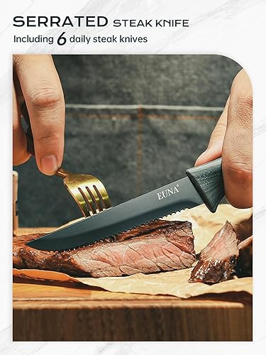 Miniatura 6 de EUNA Juego de 19 cuchillos de cocina con bloque acrílico y afilador, juego de cuchillos de acero inoxidable alemán de alto carbono con 6 cuchillos