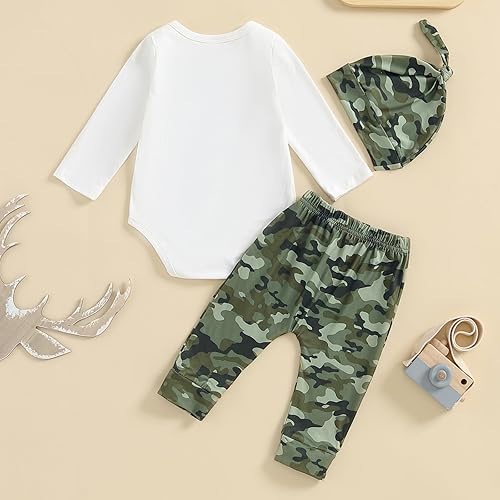 Miniatura 6 de Conjunto de ropa de 3 piezas para bebé recién nacido, manga larga, con letras de ciervo, pantalones de camuflaje con sombrero, conjunto de ropa