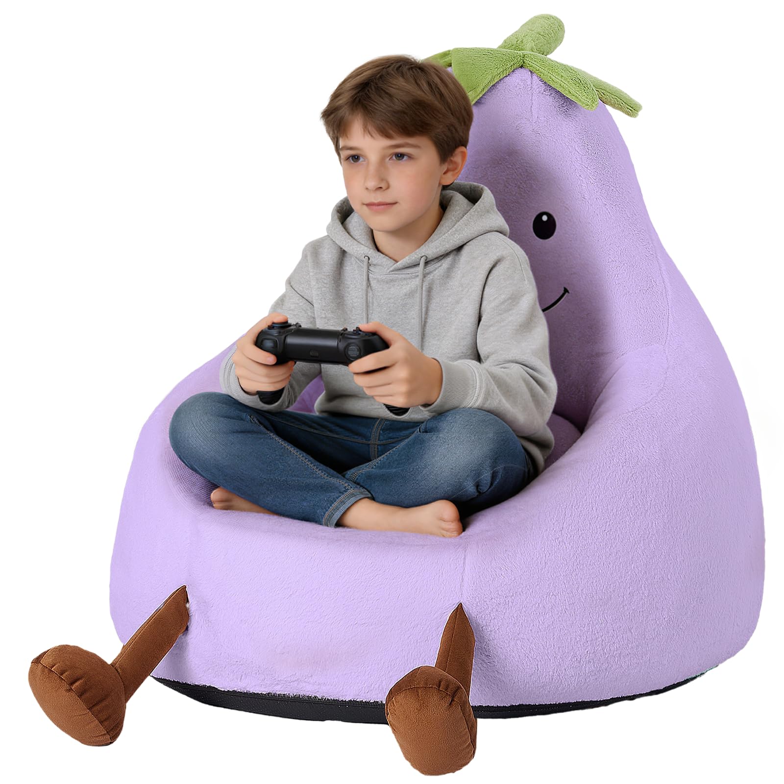 31 Inches Memory Foam Bean Bag Chair - Ultra Soft Faux Rabbit Fur Round Sofa with Handle &amp; Machine Washable Cover, Eggplant-Shaped Kids Reading Chair for Bedroom, Living Room and Playroom, Purple