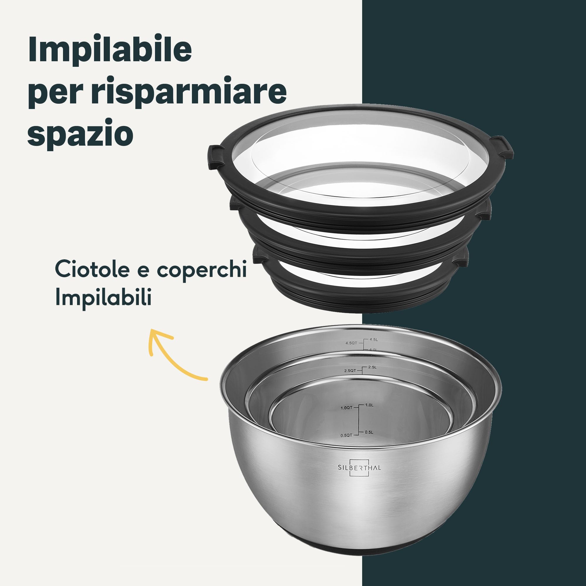 SILBERTHAL Set ciotole acciaio inox cucina - Impilabile e antiscivolo - Coperchio ermetico 1,6L / 3L / 5,1L