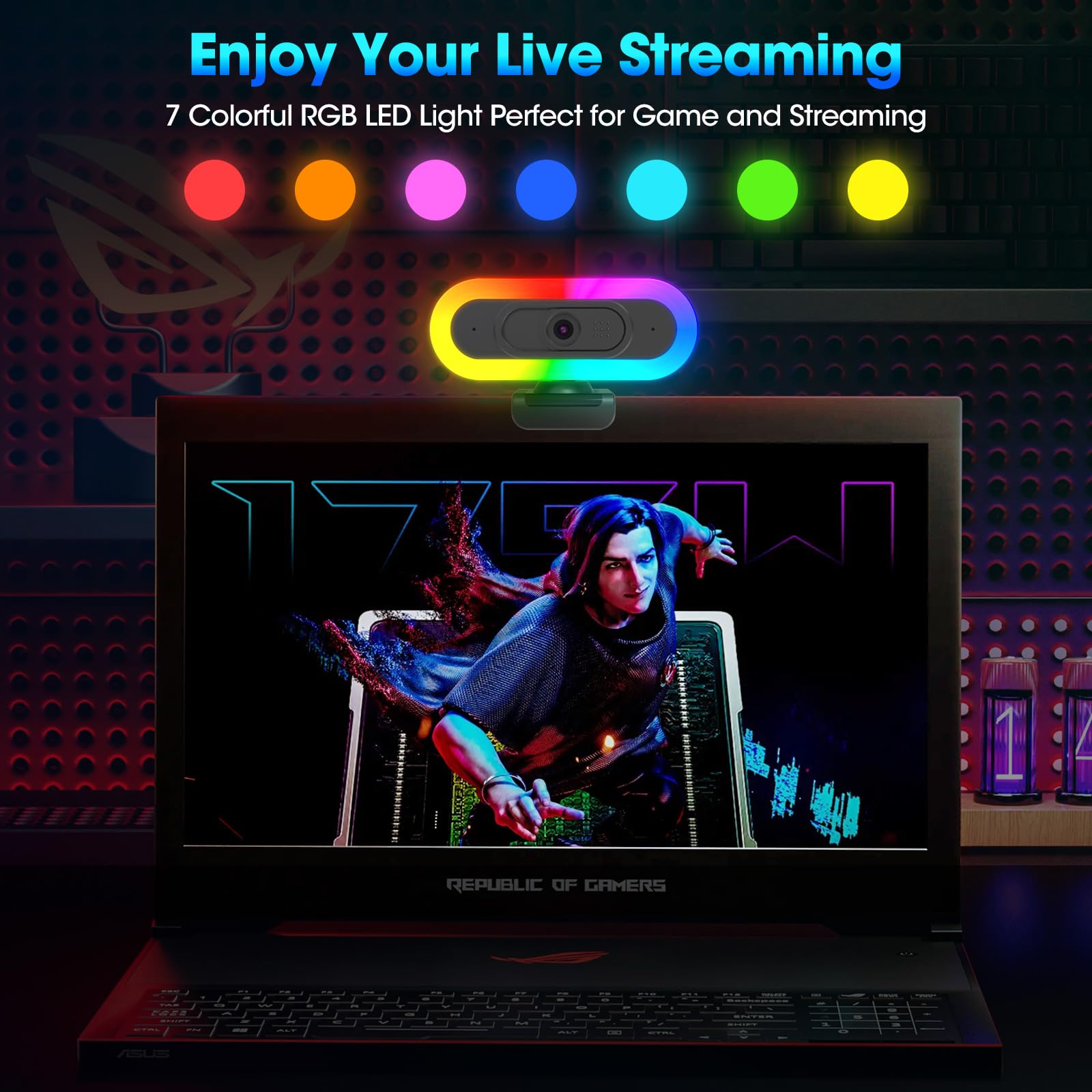 ToLuLu Cámara web RGB LED 2K 50FPS con micrófono y luz, cubierta de enfoque automático y trípode, cámara USB Plug and Play para juegos de PC/Mac y videollamadas