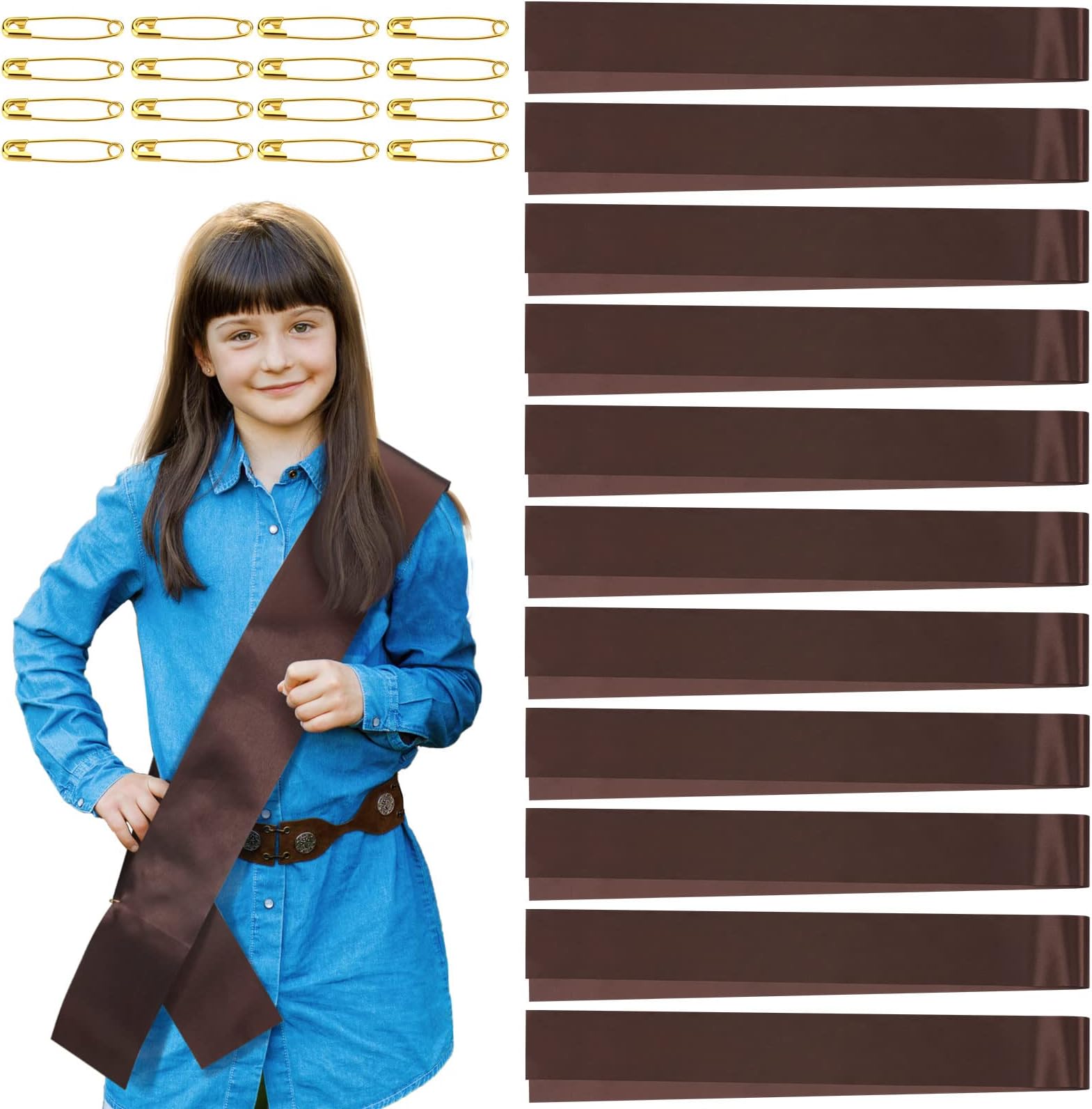 Jiuguva 16 Pcs Scouts Sash Brownie Satin Scouts Sash with Pins for Costume DIY, 62.99 Inches Long, 3.74 Inches Wide