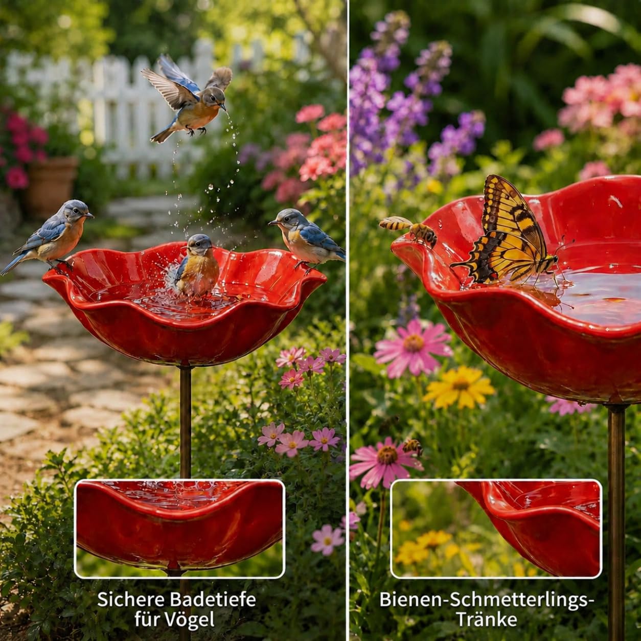 Gartenstecker Metall Vogeltränke Blume,Handgefertigte Winterfeste Bienentränke & Insektentränke für Bienen & Schmetterlinge,Dekorative Gartendeko für Draußen,Terrasse und Rasen(Rot, Gelb, Blau)