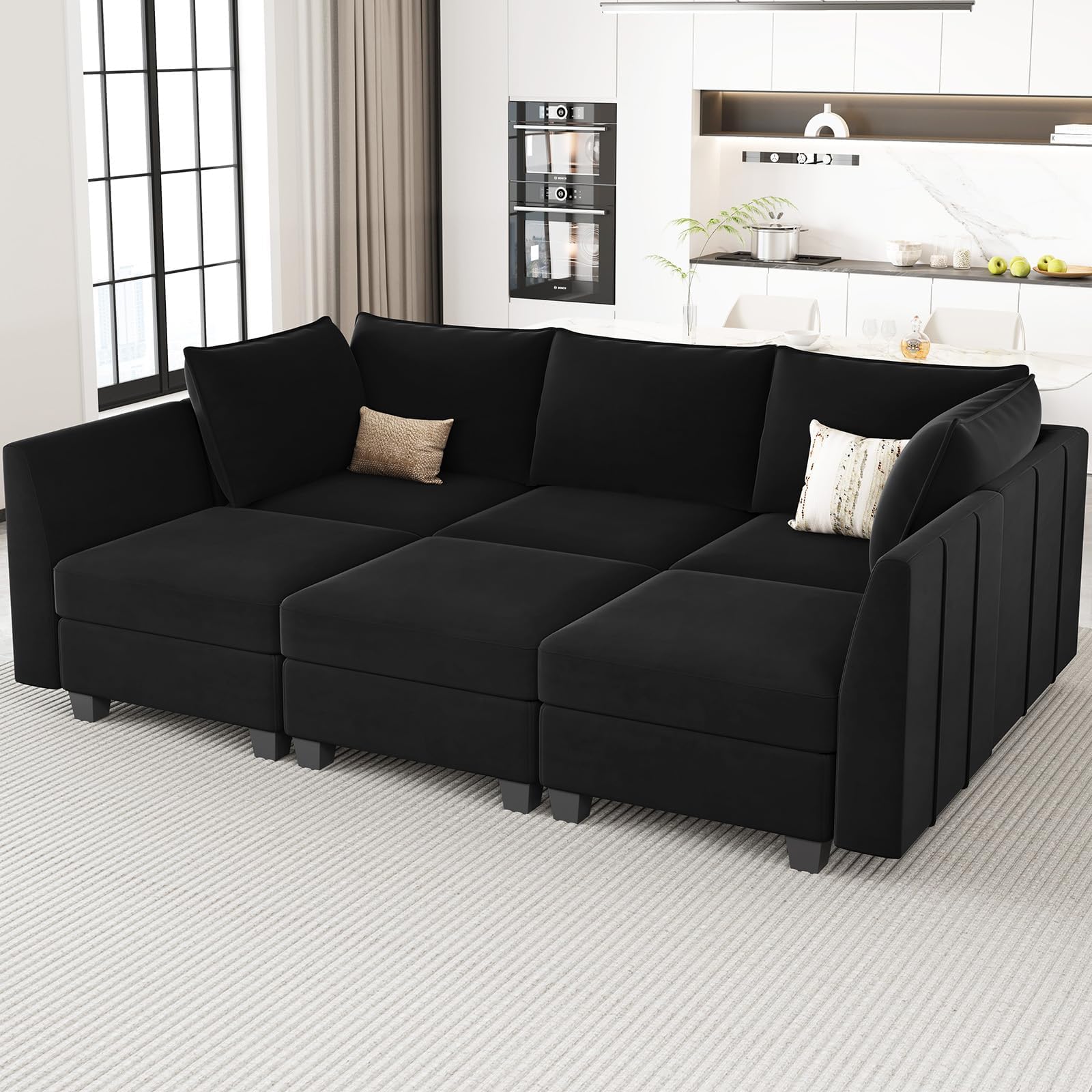 Modular Sectional Sofa Sleeper Couch with Storage Velvet Sectional Sofa Bed, 6 Seats, Black