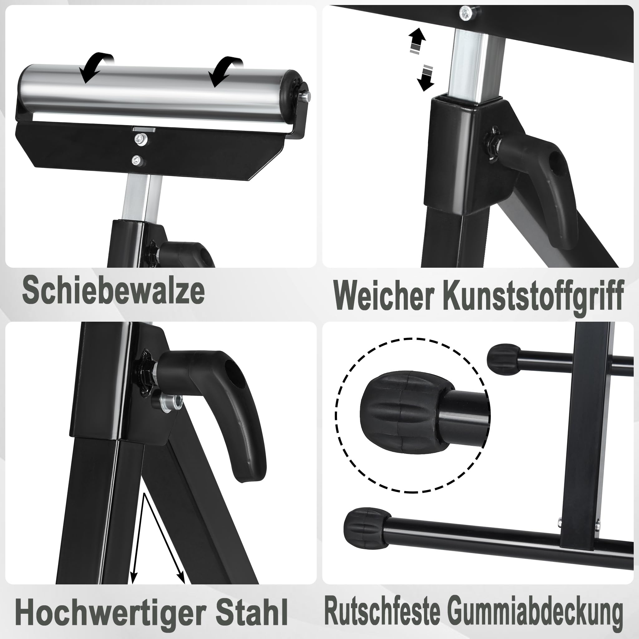 Aufun 4x soporte con ruedas, regulable en altura, soporte con ruedas 68-107 cm, soporte con ruedas plegable, hasta 60 kg, soporte plegable para taller, con pies antideslizantes, negro