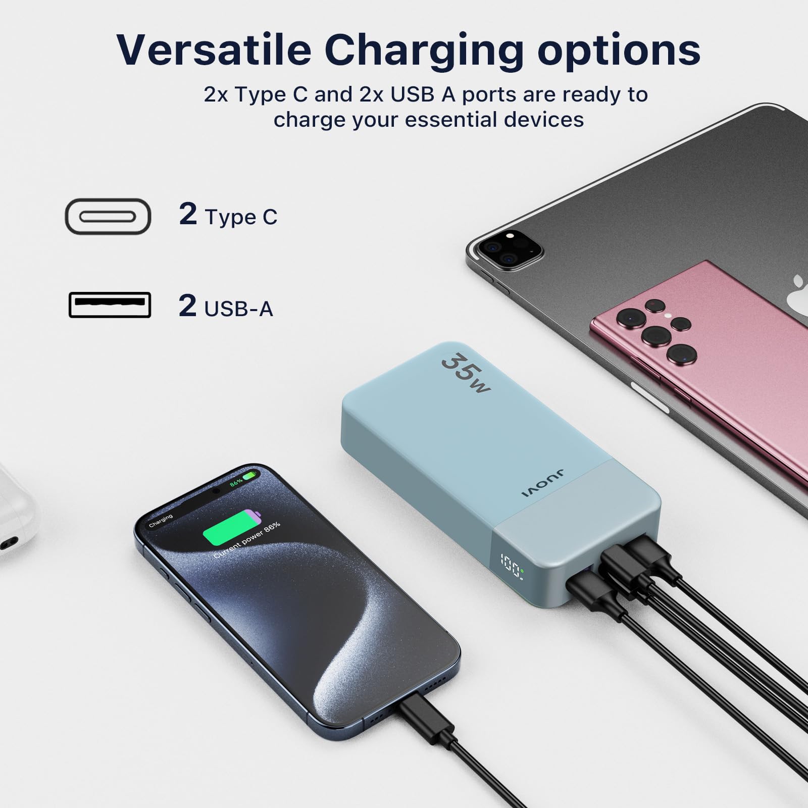 JUOVI J2651 Power Bank, 35W 20000mAh USB C In & Out Power Bank, Akku-Pack mit QC3.0+PD3.0 35W High-Speed Aufladung für Bluetooth Earbud, Handy, Tablet (Blau)