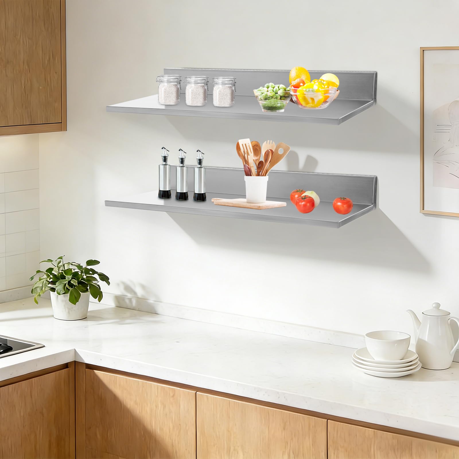 Set di 2 mensole da parete per cucina, in acciaio inox, montaggio a parete