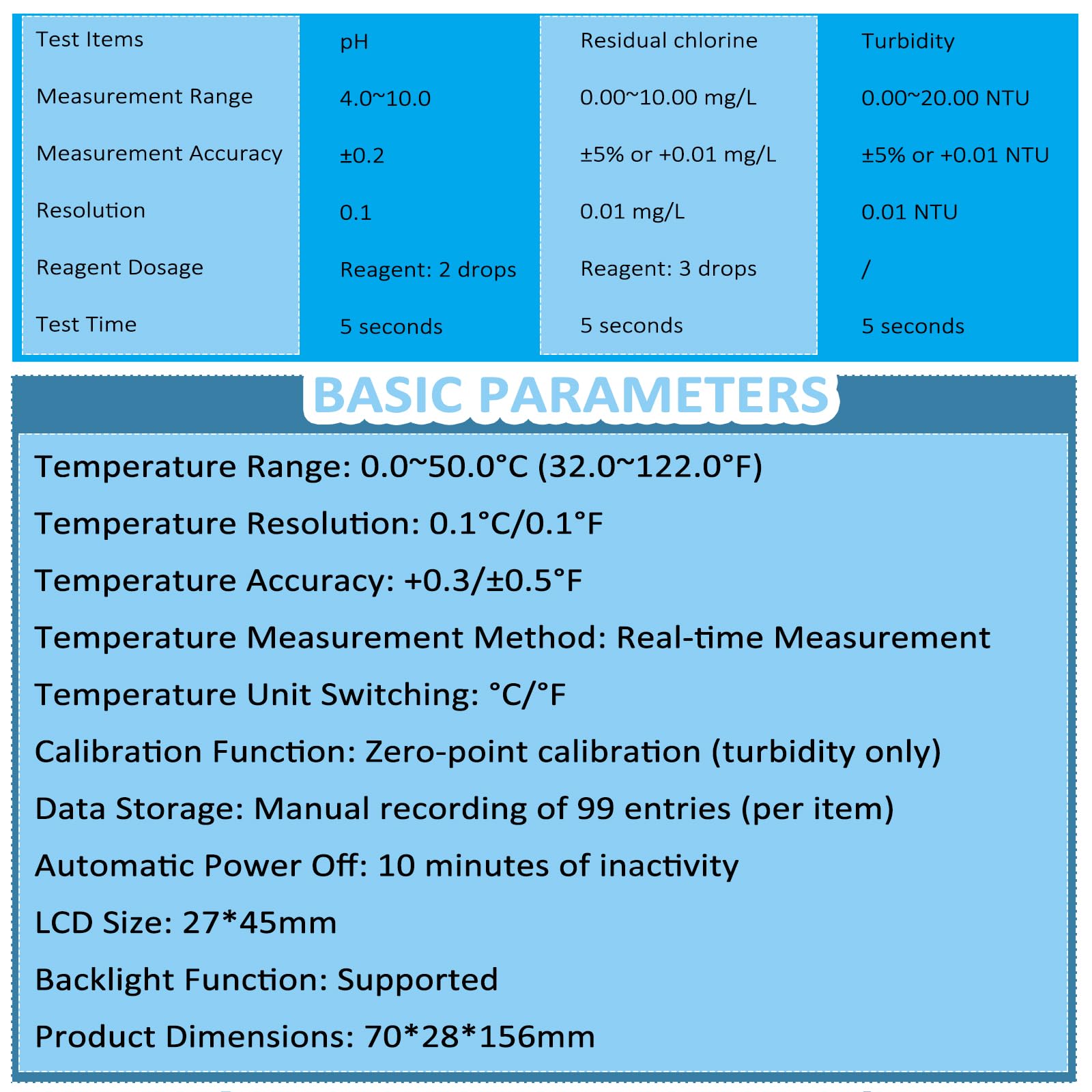 Medidor digital de calidad del agua, detector multiparámetro con sonda, mide turbidez/pH/cloro residual, almacena 99 entradas de datos, conmutación °C/°F, para piscina de acuario
