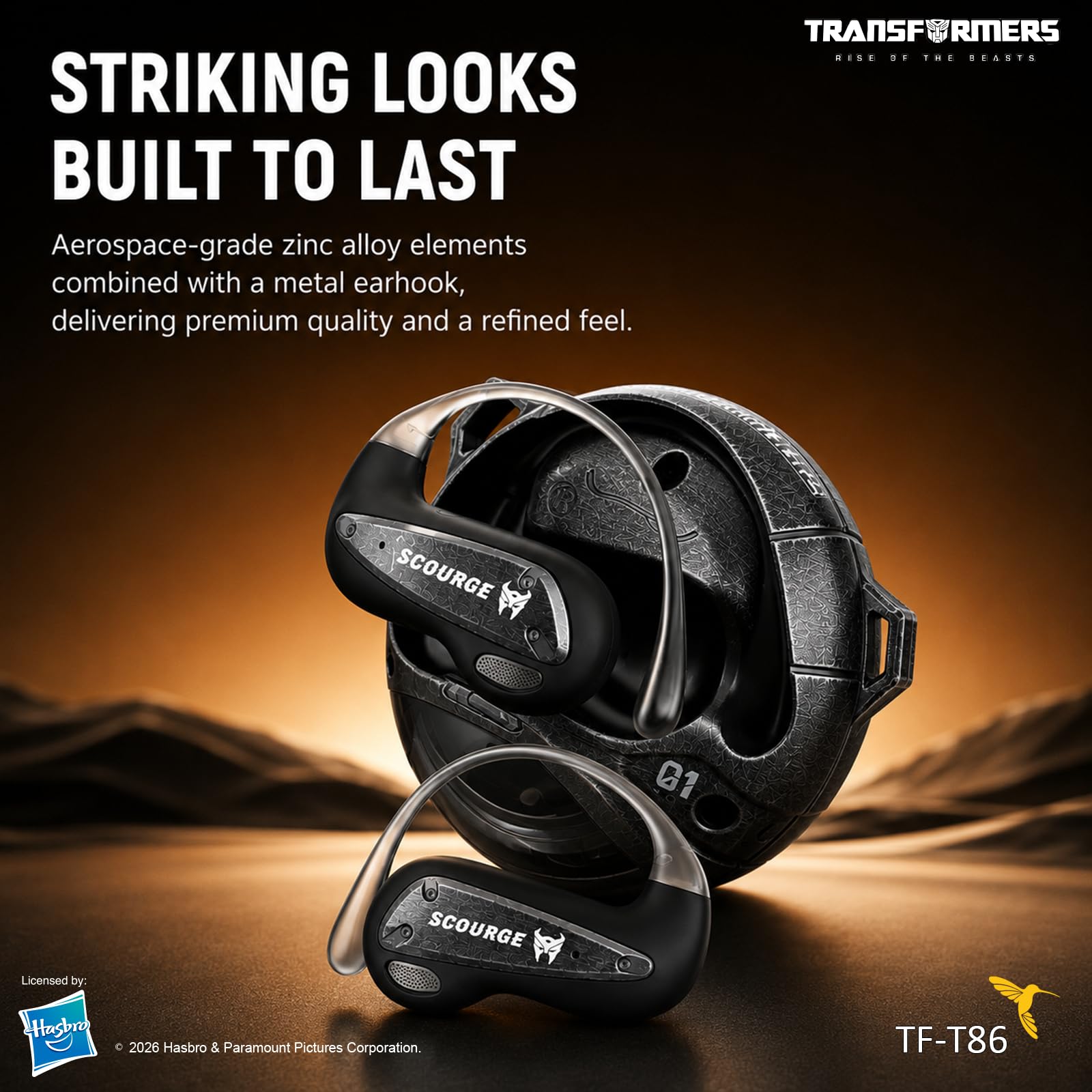 Transformers Flux T86 Auricolari wireless Bluetooth con gancio auricolare, custodia di ricarica per armatura in lega di zinco resistente, driver Hi-Fi da 14,2 mm, microfono integrato, modalità gioco e