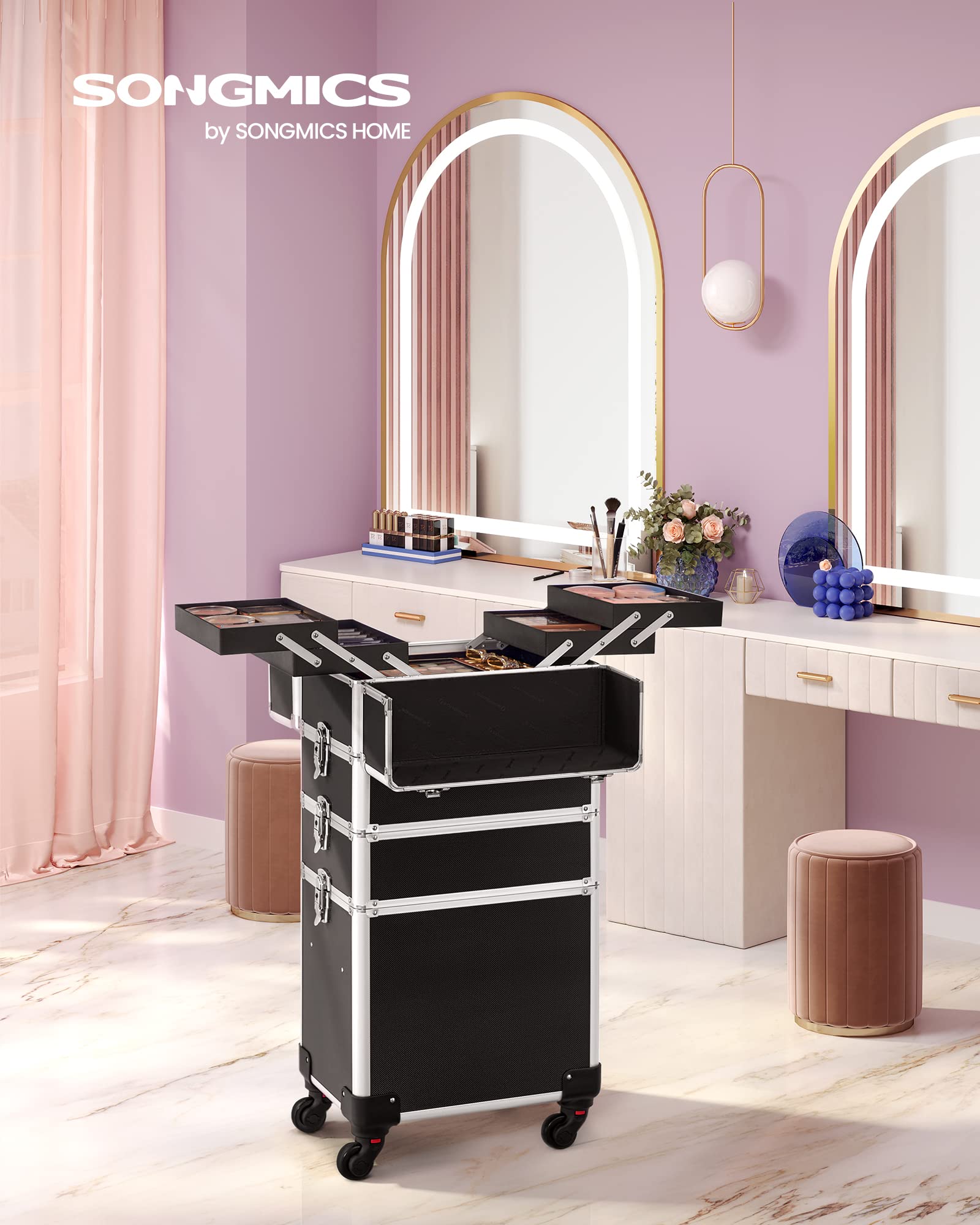 SONGMICS Valigetta Trucchi, Valigia Porta Trucchi 4 in 1, Grande, Trolley Make Up, Beauty Case da Viaggio, 35 x 25 x 79 cm, con Serratura, Ruote Girevoli a 360°, Idea Regalo, Nero JHZ11BK