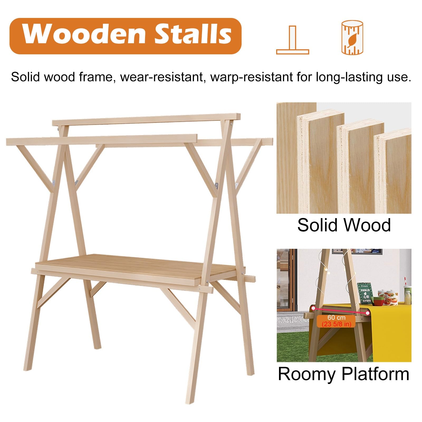 Carritos de Mercado, caseta Plegable de Madera para concesiones en mercados agrícolas y ferias, Carrito móvil con Ruedas, Puesto Playero (Amarillo, 140 cm de Ancho)