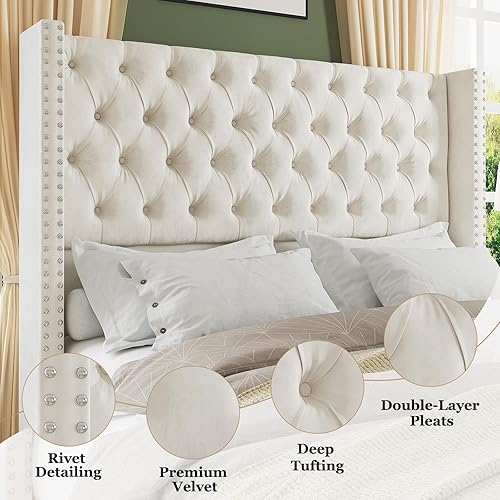 Miniatura 3 de Jocisland Base de cama tamaño Queen con cabecera de terciopelo acolchado con respaldo alado de 51.6" pulgadas, cama de plataforma tapizada moderna,