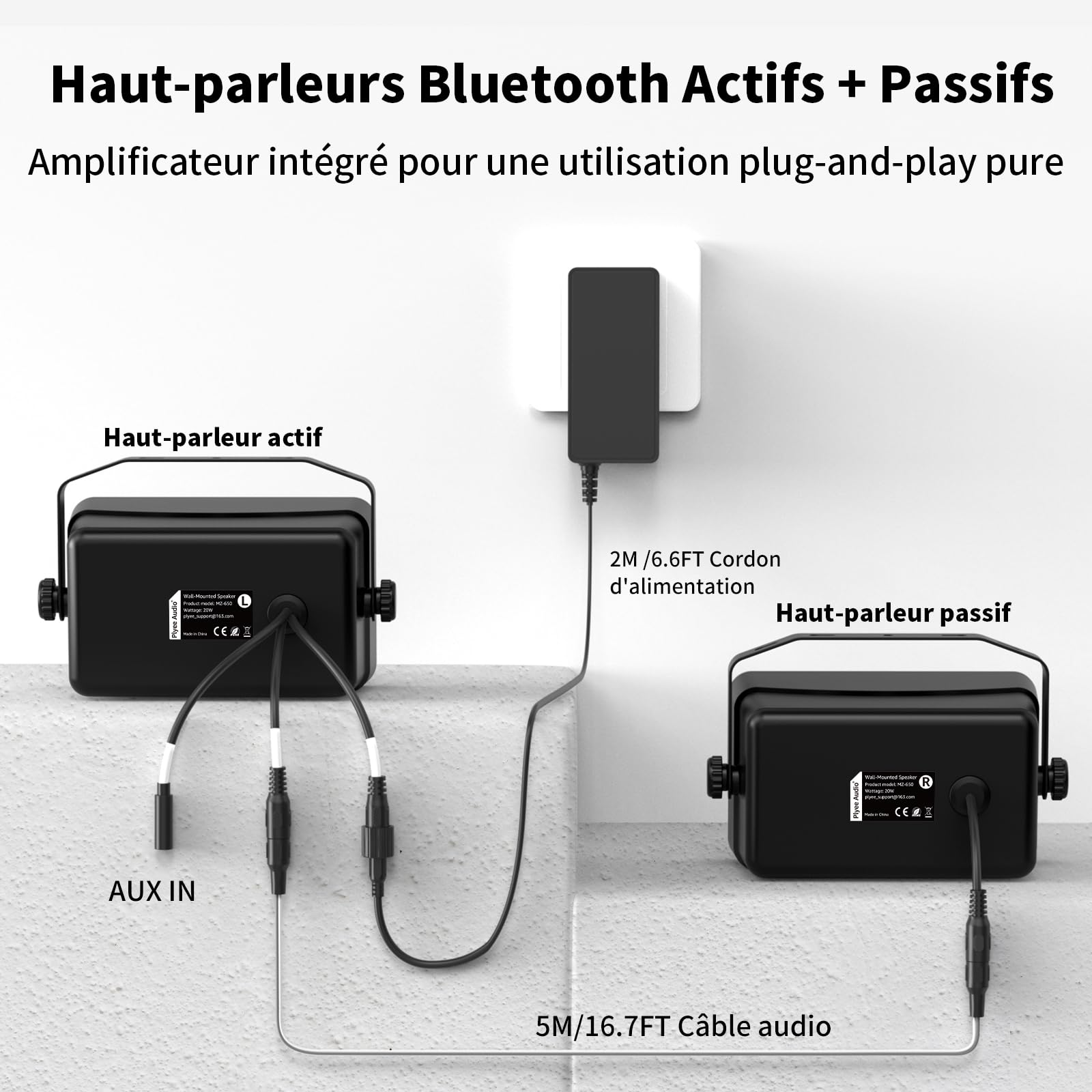 Enceinte Bluetooth Extérieur, Enceinte Murale Active + Passive, Design Compact, Prise en Charge de l'Entrée Aux, Adaptée pour Terrasse, Véranda, Garage, Pack de 2 (MZ-650)