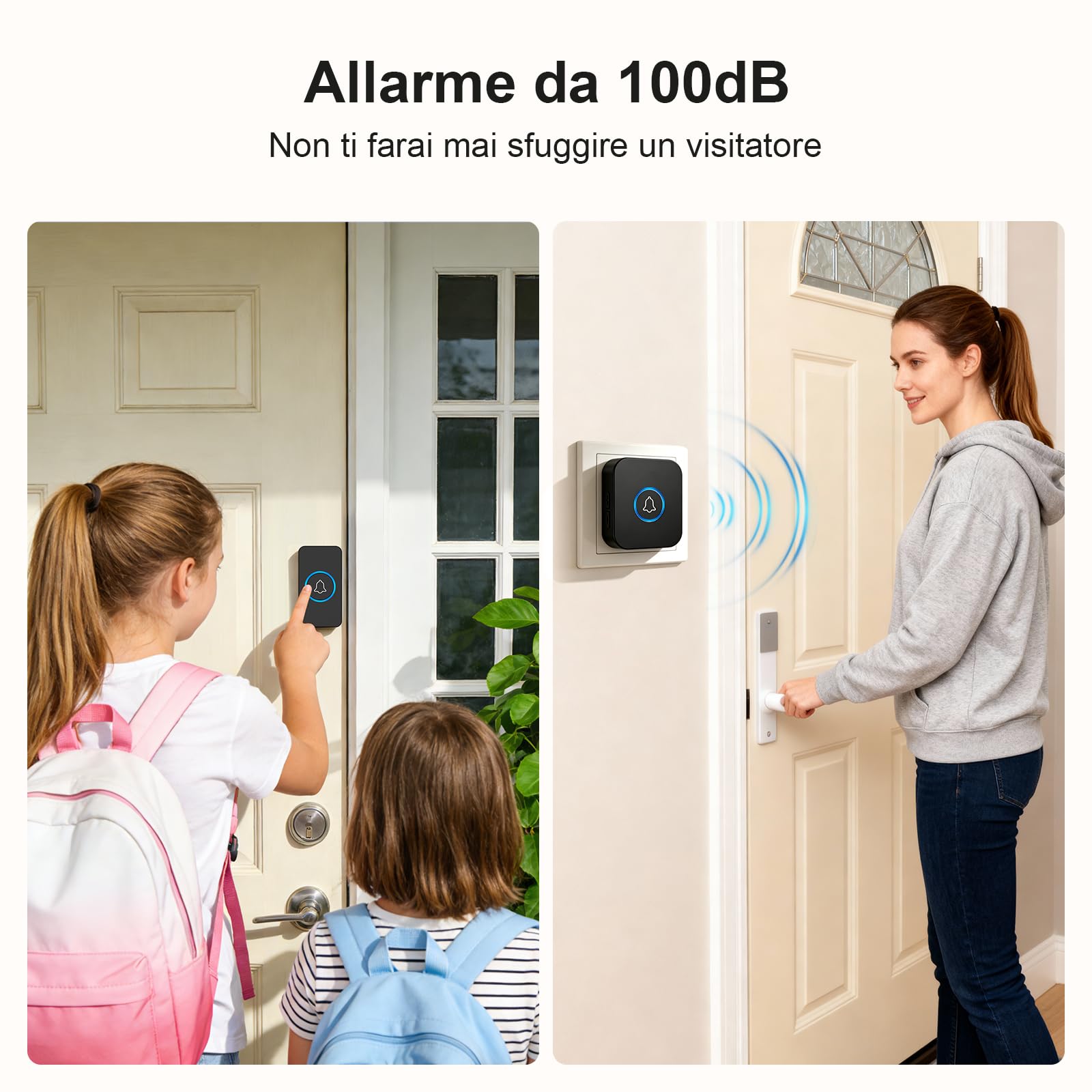 Campanello Senza Fili, Portata Wireless Doorbell, 36 Suonerie, 5 Volumi Selezionabili, Indicatori LED, IP55, 400m Lunga Portata per Casa, Appartamento (1 Trasmettitore + 1 Ricevitori)