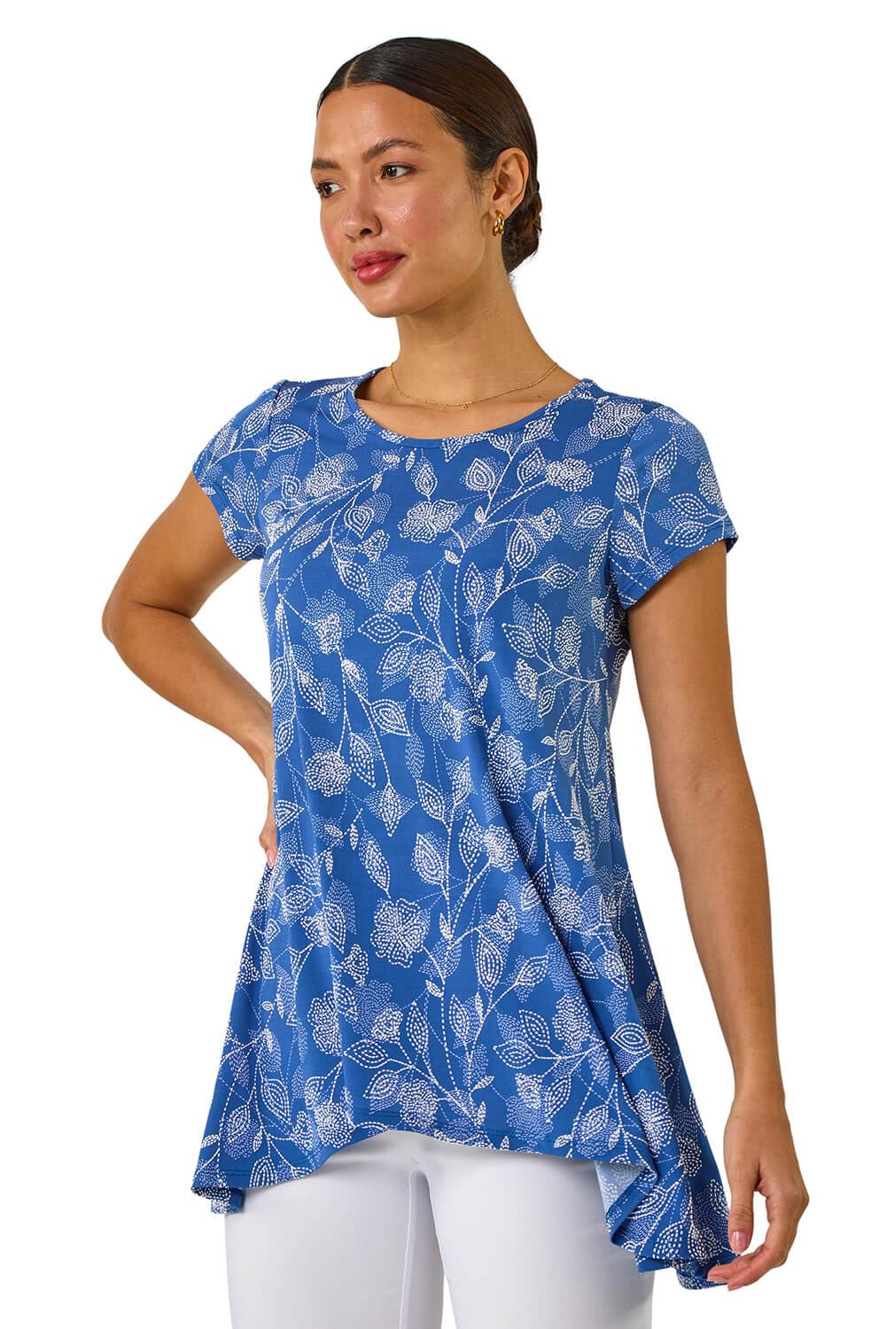 Roman Women's Blue Textured Floral Print Tunic Top In | : Size 12