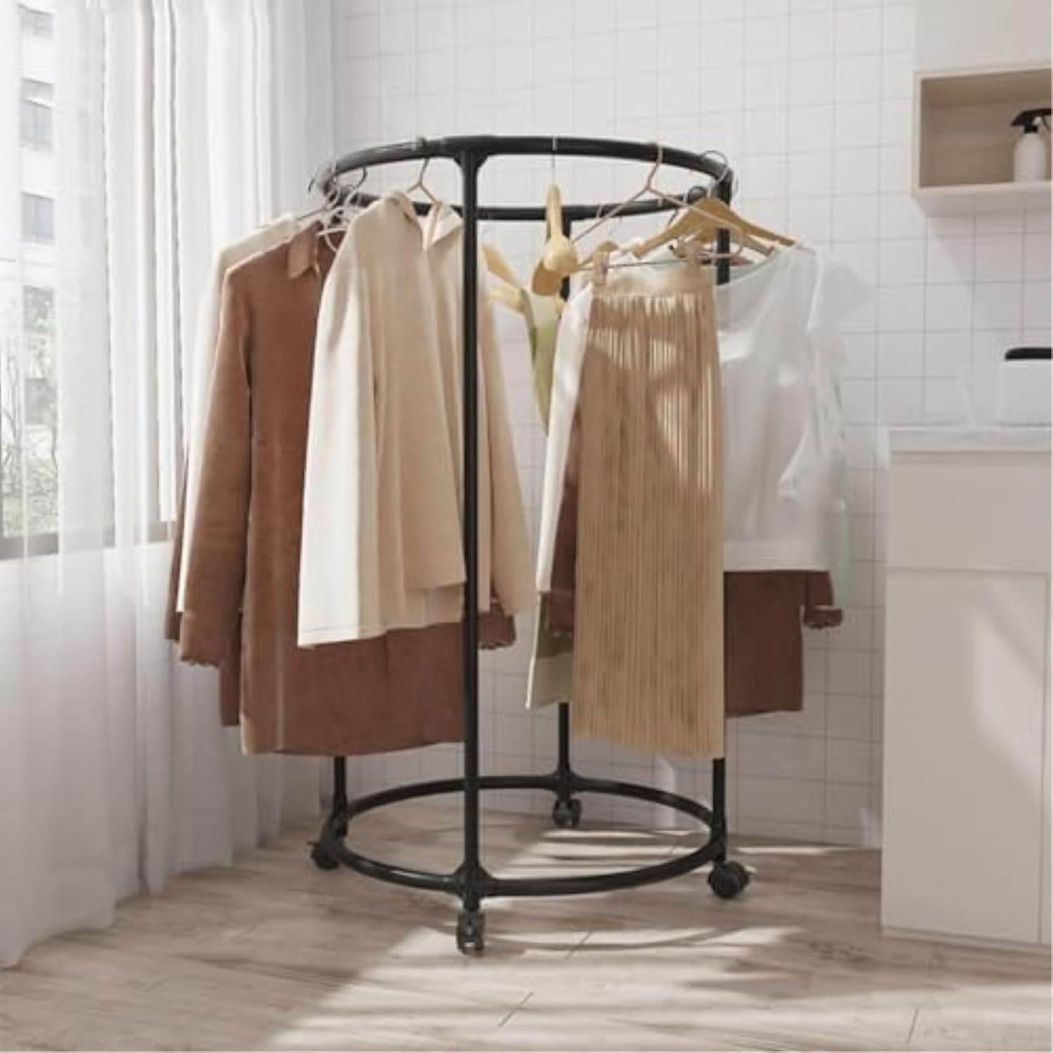 Store Display Rack Wall Mounted Storage Rack,Sturdy Free-Standing Metal Clothing Rack – Chic Round Garment Stand for Retail, Boutique, or Bedroom – Ideal for Displaying Dresses, Outfits, and