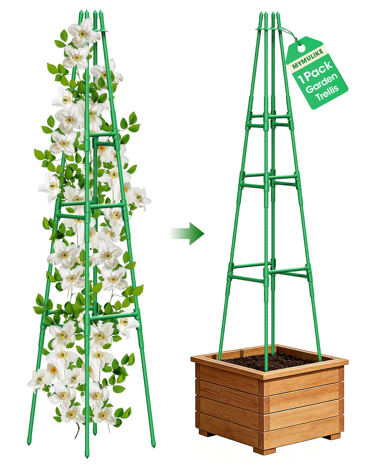 MYMULIKE Garden Trellis for Climbing Plants Outdoor, 165cm Plant Garden Obelisk Support for Climbing Vine, Plant Support Tower Cages Plastic Coated Metal Supports for Outdoor Indoor, Tomato cage — image 1