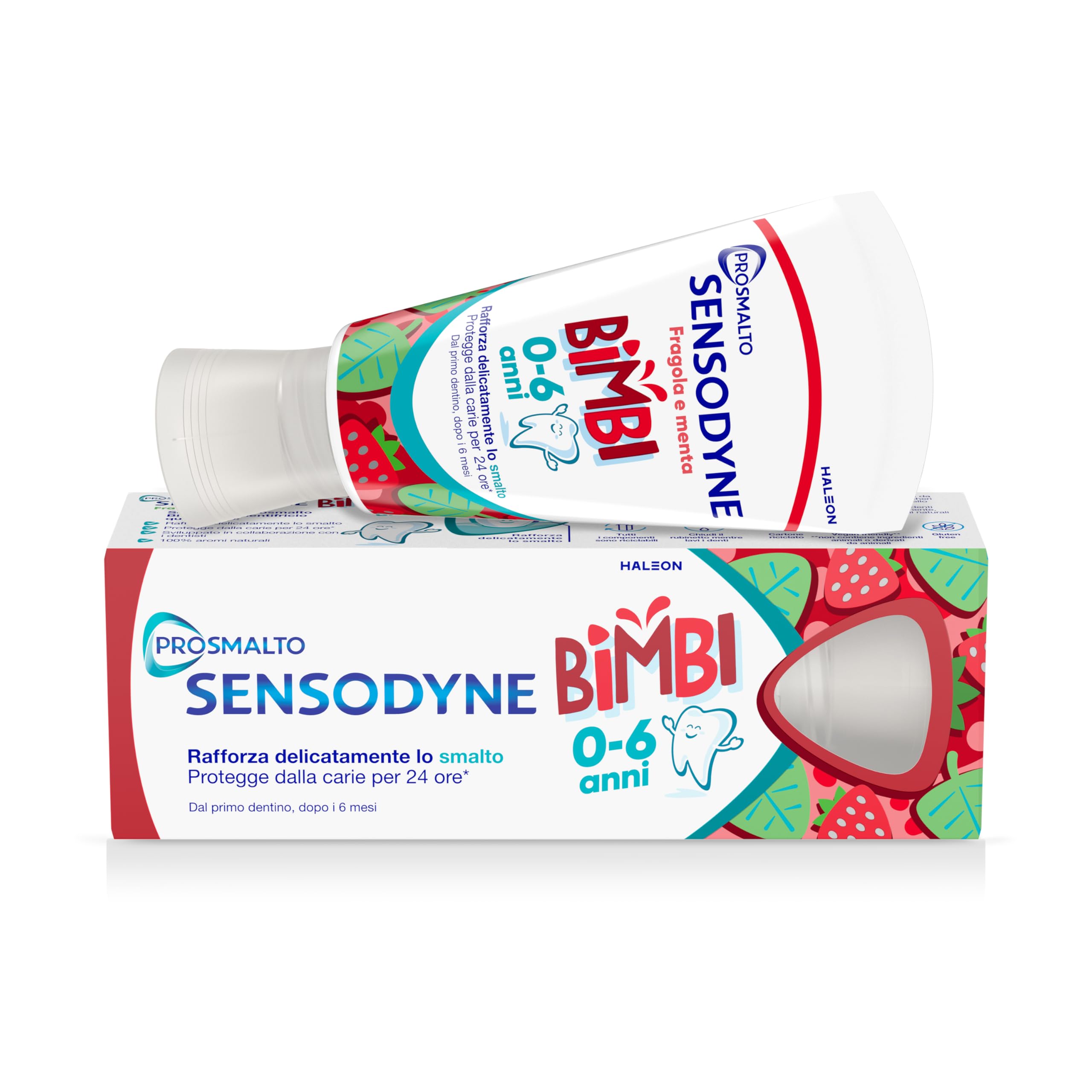 Sensodyne Prosmalto Bimbi, Dentifricio quotidiano per Bambini 0-6 anni, rafforza delicatamente lo smalto e protegge dalla carie per 24 ore, Aroma Naturale Fragola e Menta, 50 ml