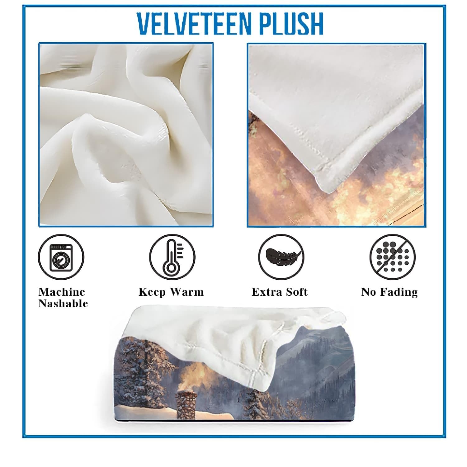 Paysage de Chalet de Montagne Enneigé Plaid Couverture Polaire Flanelle Jeté de Canapé 180x220 cm, Champ de Neige Blanche Couverture Plaid Doux en Peluche pour 2 Personnes Lit, Canapé, Camping