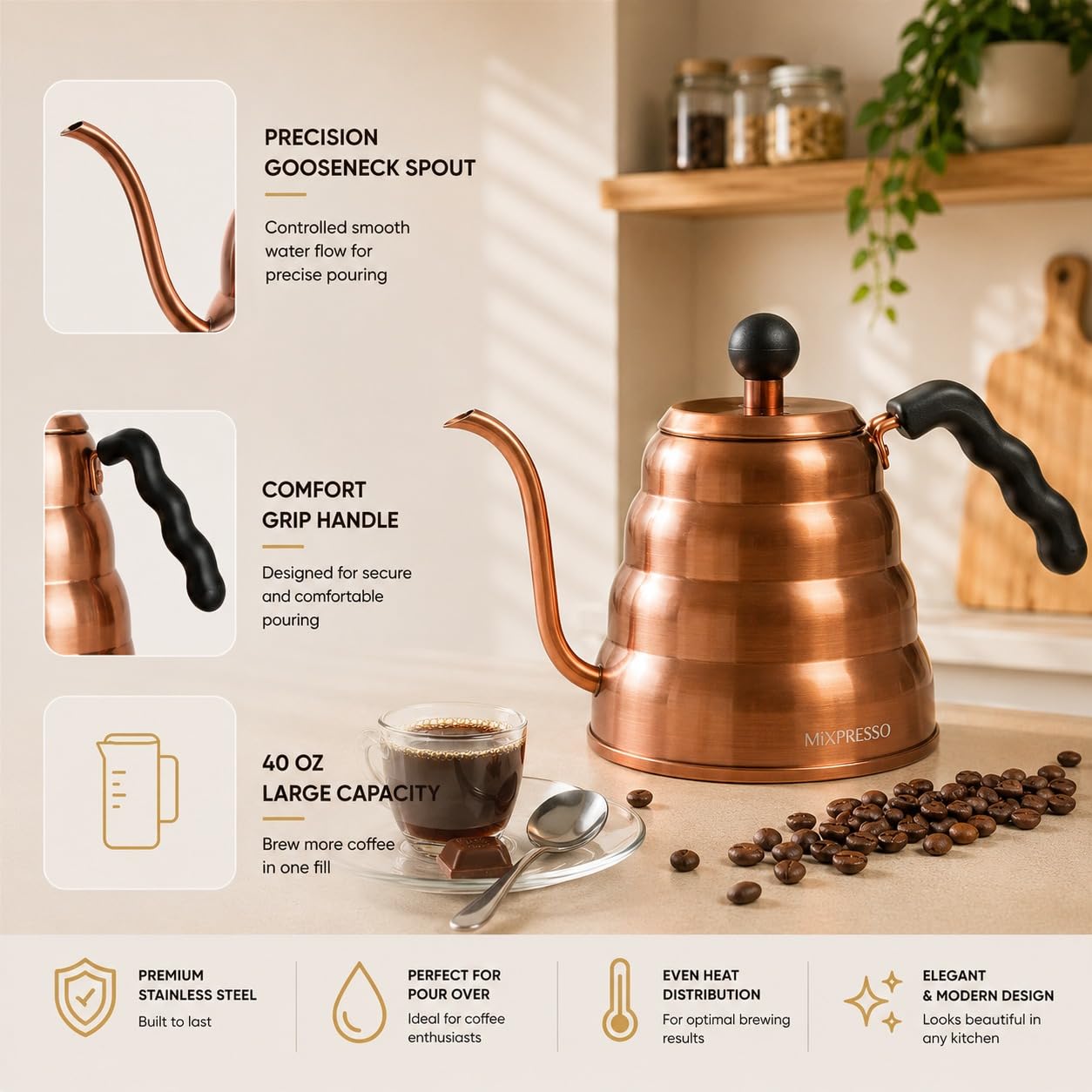Mixpresso Schwanenhals-Wasserkocher, Barista-Ausgießer-Design für Kaffee und Tee, hochwertiger Edelstahl, 1,2 Liter (40 oz), Tropfkaffee, Induktionsherd, Kupferherd
