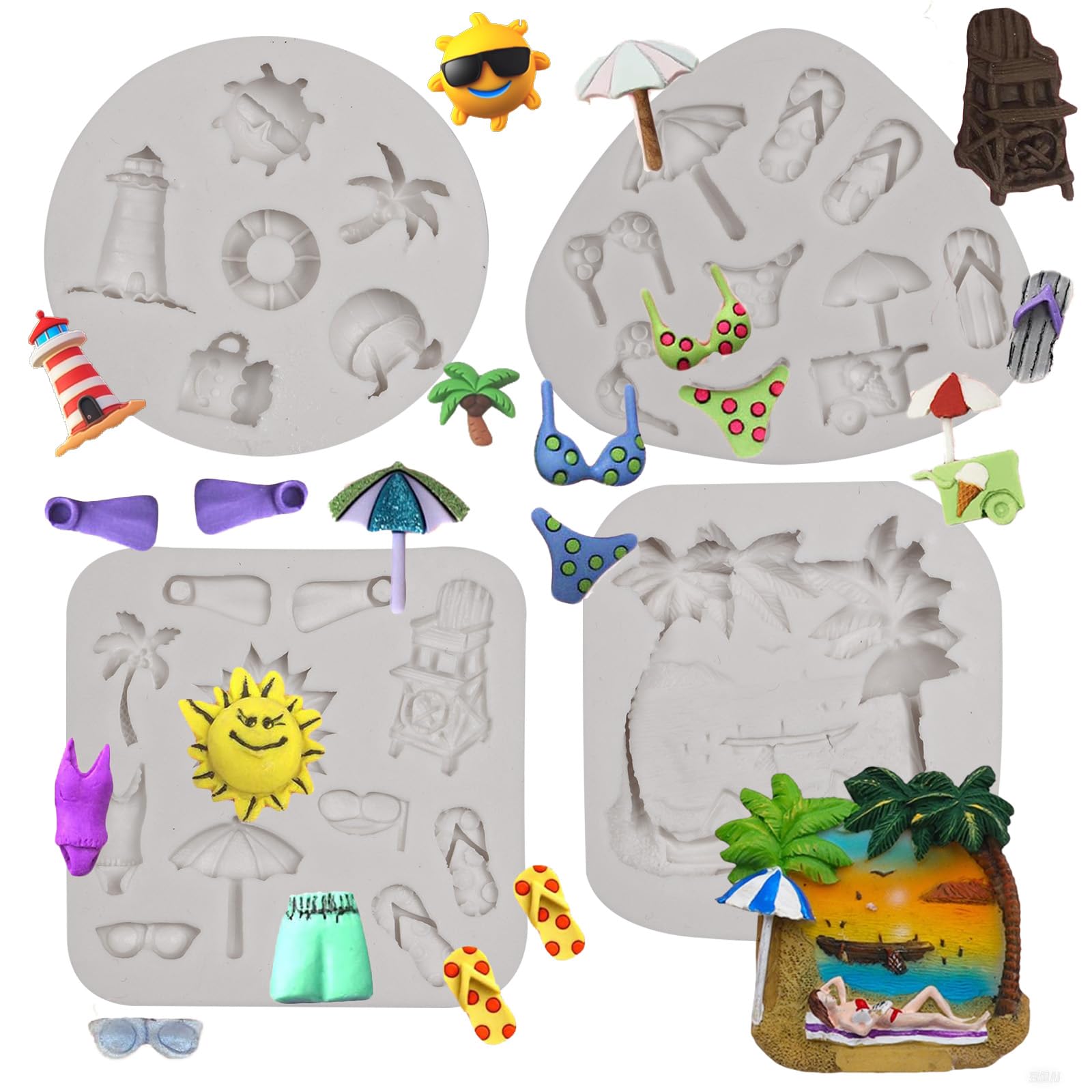 Beach Ocean Silicone Resin Molds Mini Slipper Sailboat Fondant Mold Ships Lifebuoys Flags Coconut Tree Mold For Summer Holiday Cake Decorating Cupcake Topper Gum Paste Candy Chocolate Set Of 4(YN359)