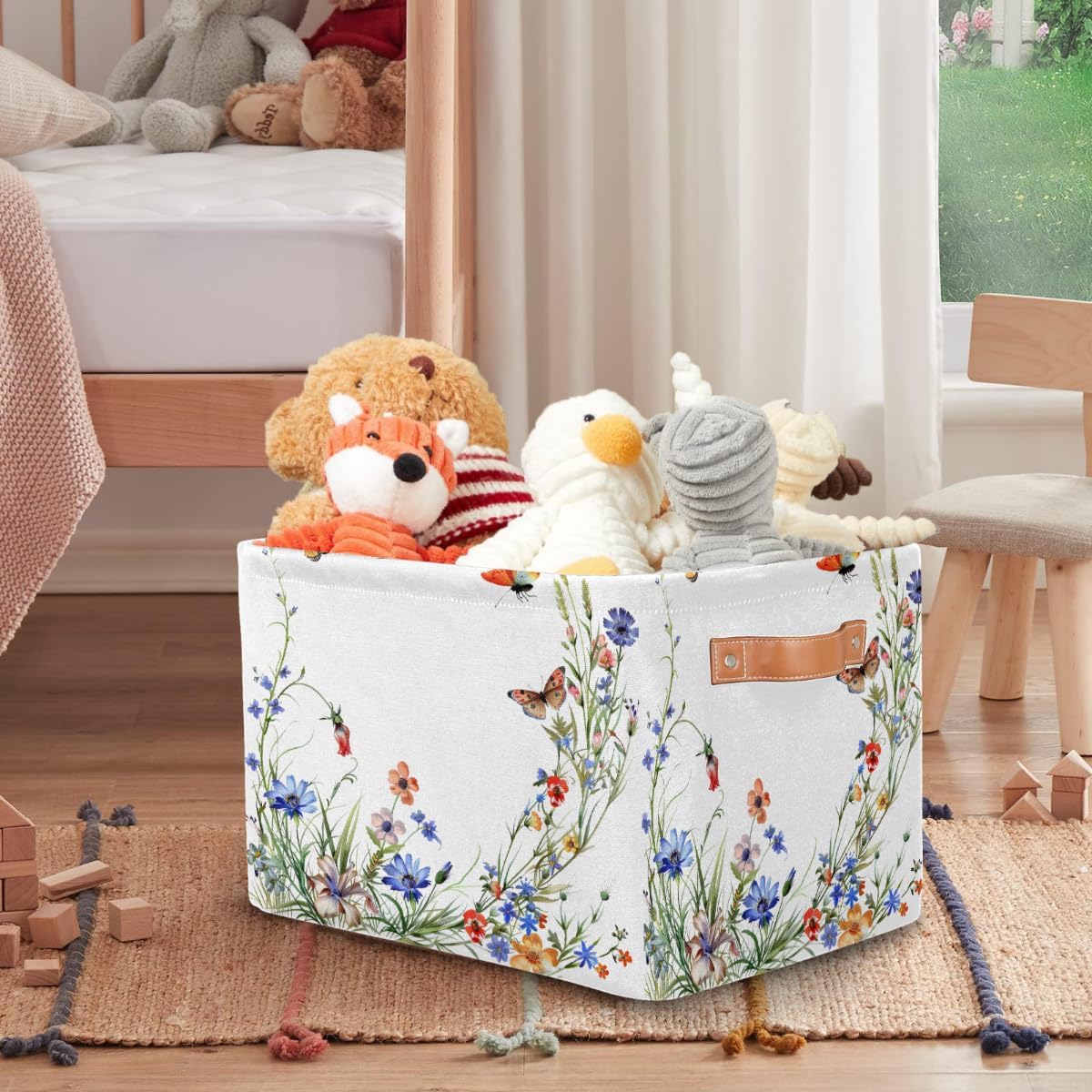 Small Storage Basket Foldable Simple Flower Butterfly Cube Organizer Bin with Handles Kids Toy Organizer Box Collapsible Fabric Hamper for Nursery Living Room Bedroom Decort Gifts