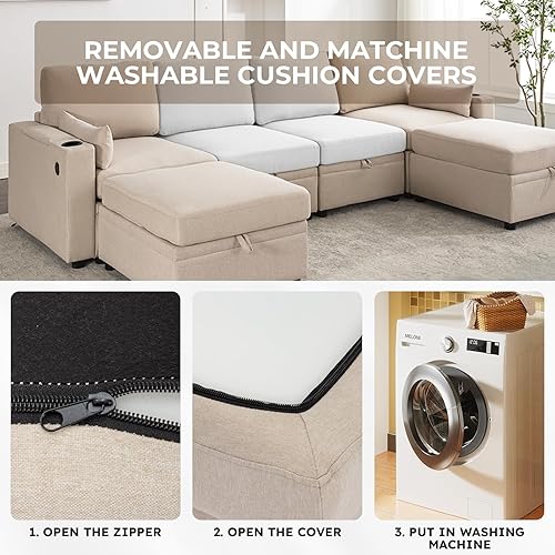 Miniatura 5 de OHAHO Sofá modular convertible con almacenamiento, moderno sofá en forma de L para sala de estar con puerto USB y portavasos (beige, 4 plazas + 2