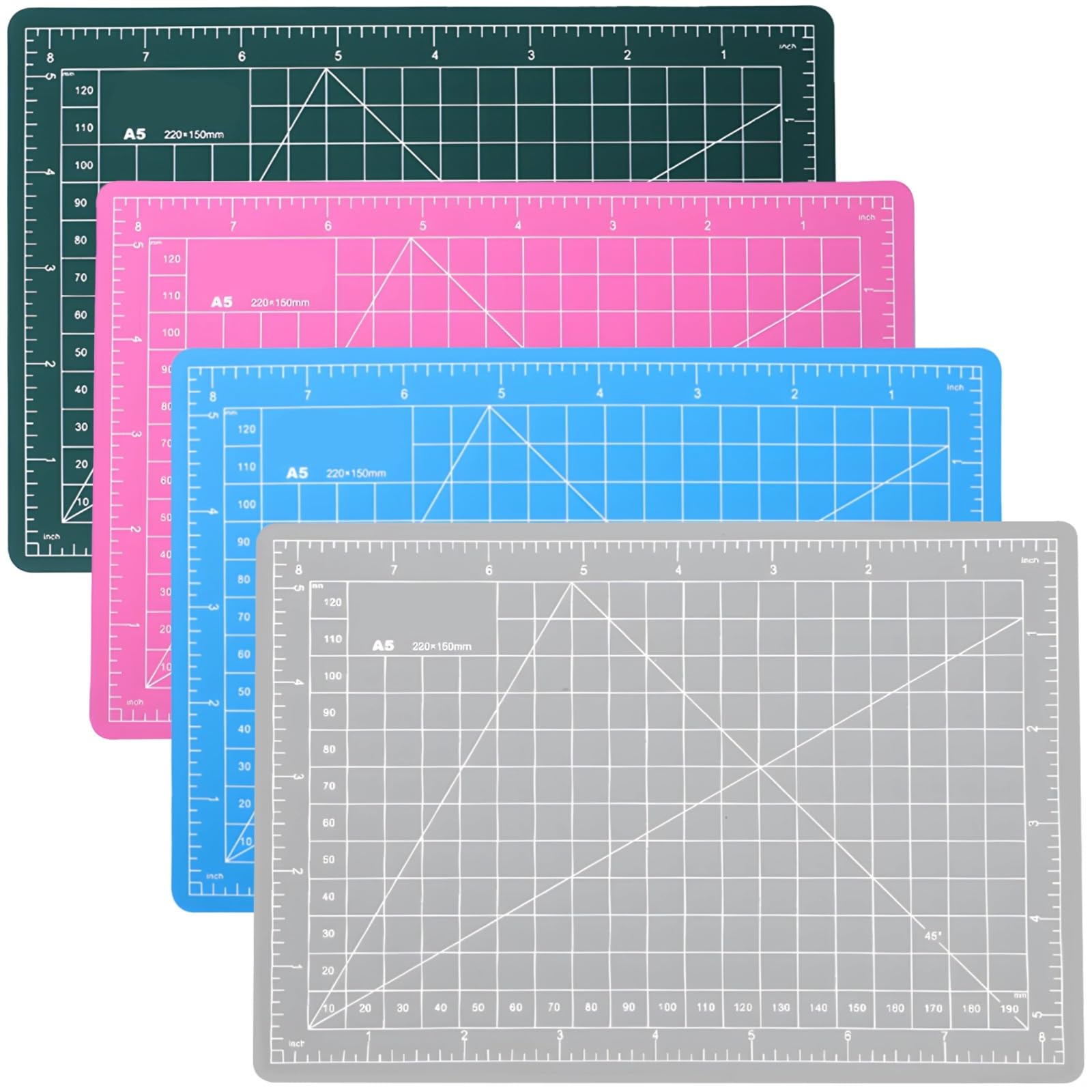 A5 4-Piece Craft Cutting Mats Set, 8.7 X 5.9 in Single-Sided Self-Healing PVC Boards, Colored Non-Slip Mats with Grid for Quilting Sewing Projects