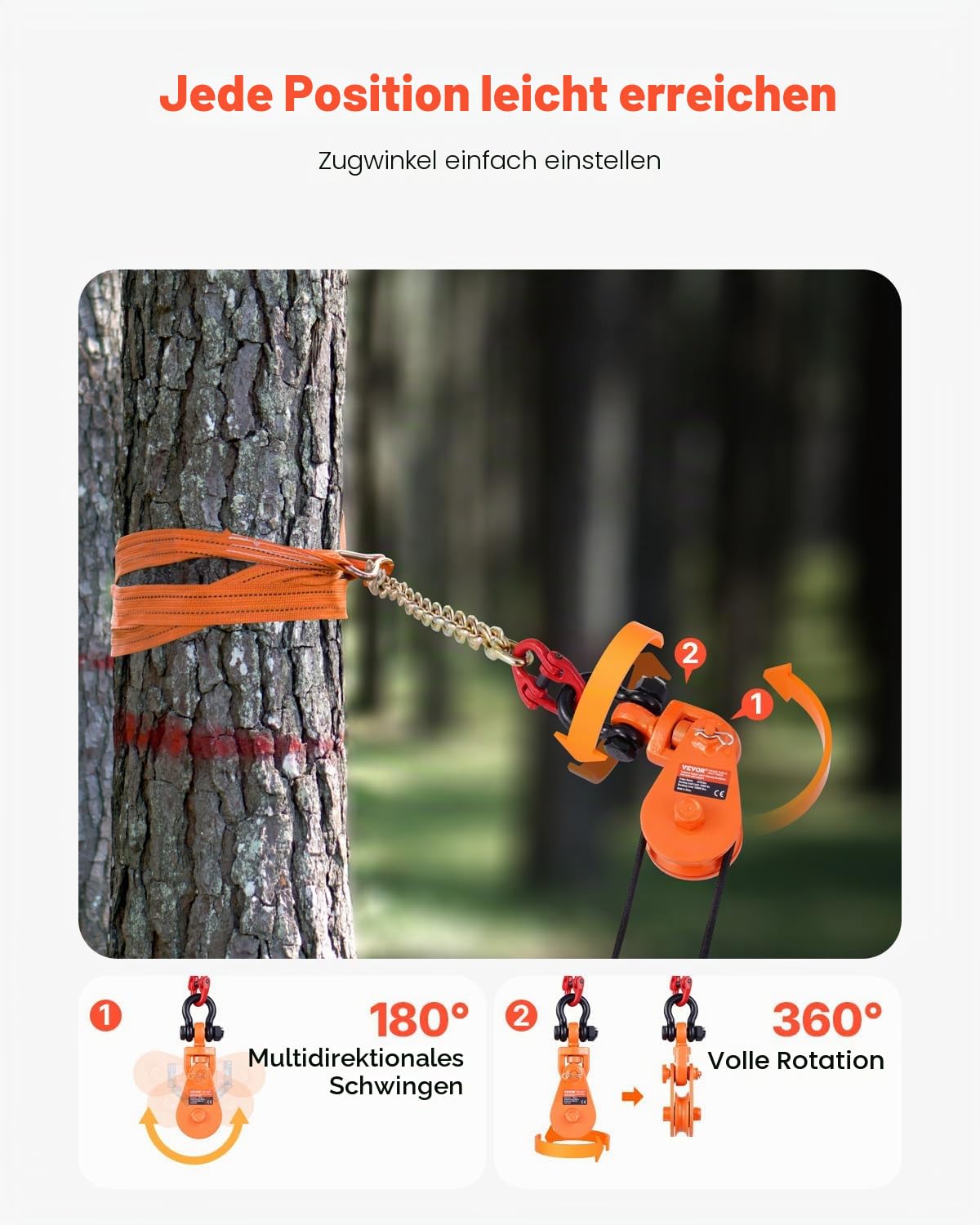 VEVOR 2-Tonnen-Umlenkrolle mit G80-Kette, drehbarem Schäkel, 74 mm Scheibe für 3/8-Zoll-Drahtseil, Forstseilwinde für Abschlepp-& Bergungsanwendungen auf Pritschenwagen, Rollback-Abschleppwagen