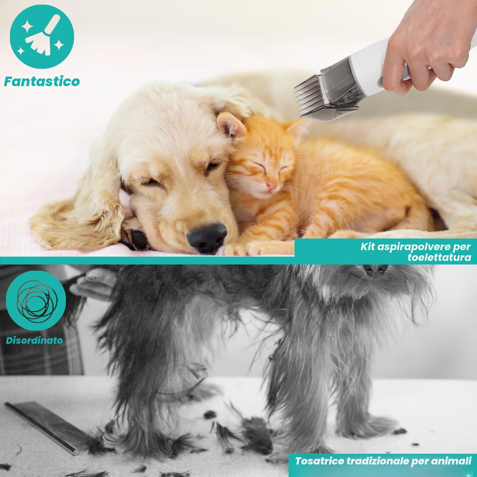 Tosatrice per cani con aspirapolvere, 13000PA tosatrice per cani con 7 strumenti di cura, tagliazampe, spazzola, pettine, 3 livelli di aspirazione regolabili