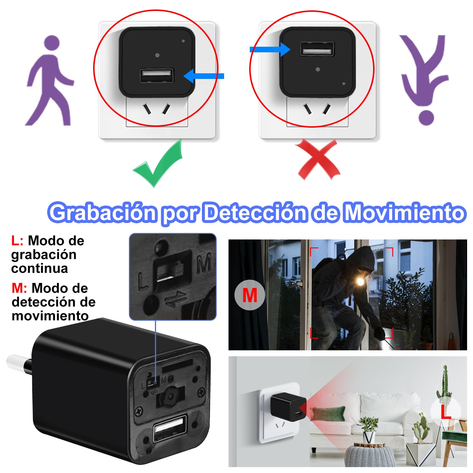 TANGMI Camara Espia Cargador USB 1080P HD Oculta | Sin WiFi, Grabacion Bucle, Deteccion Movimiento, Invisible, SD 128GB, Plug and Play