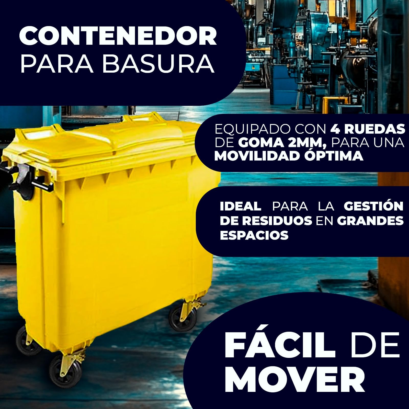 SSI Contenedor de Basura 770L con Tapa Plana - Ruedas con Freno, Desagüe Inferior, Cumple Normativa EN-840, Ideal para Grandes Volúmenes de Residuos y Reciclaje en Exteriores (Amarillo, 770 litros)
