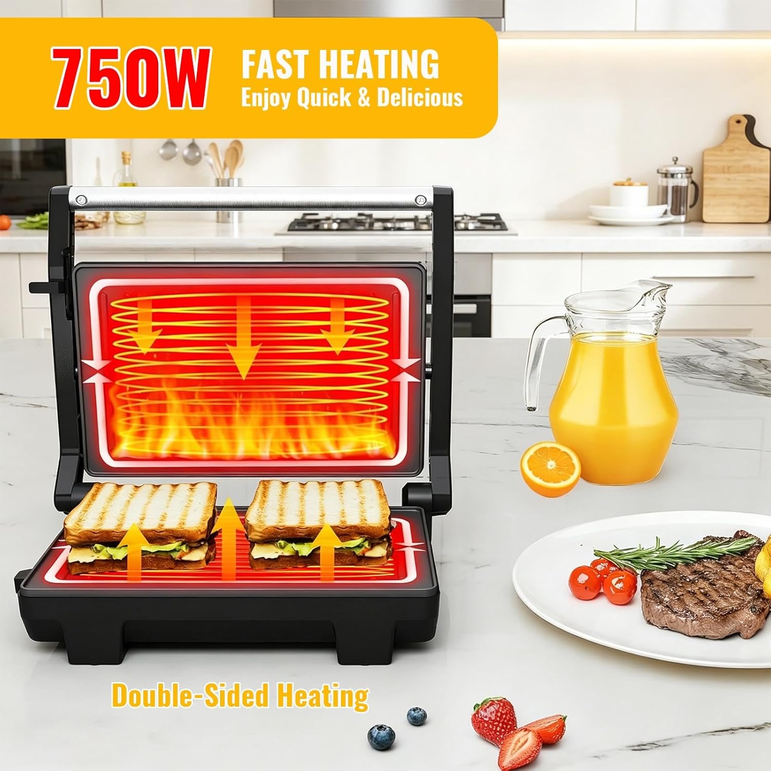 Electric Panini Press Grill and Sandwich Maker with Non-Stick Coated Plates, Electric Indoor Grill with Drip Tray for Cooking Options (Silver)