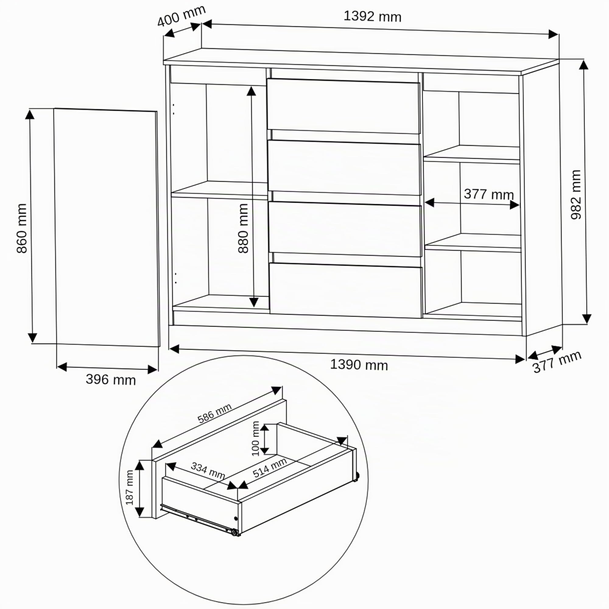 Highboard Weiß/Anthrazit 140x40x98 cm – Kommode mit 4 Schubladen & Schränken, Sideboard für Wohnzimmer, Esszimmer & Schlafzimmer, Modern R-140-S4