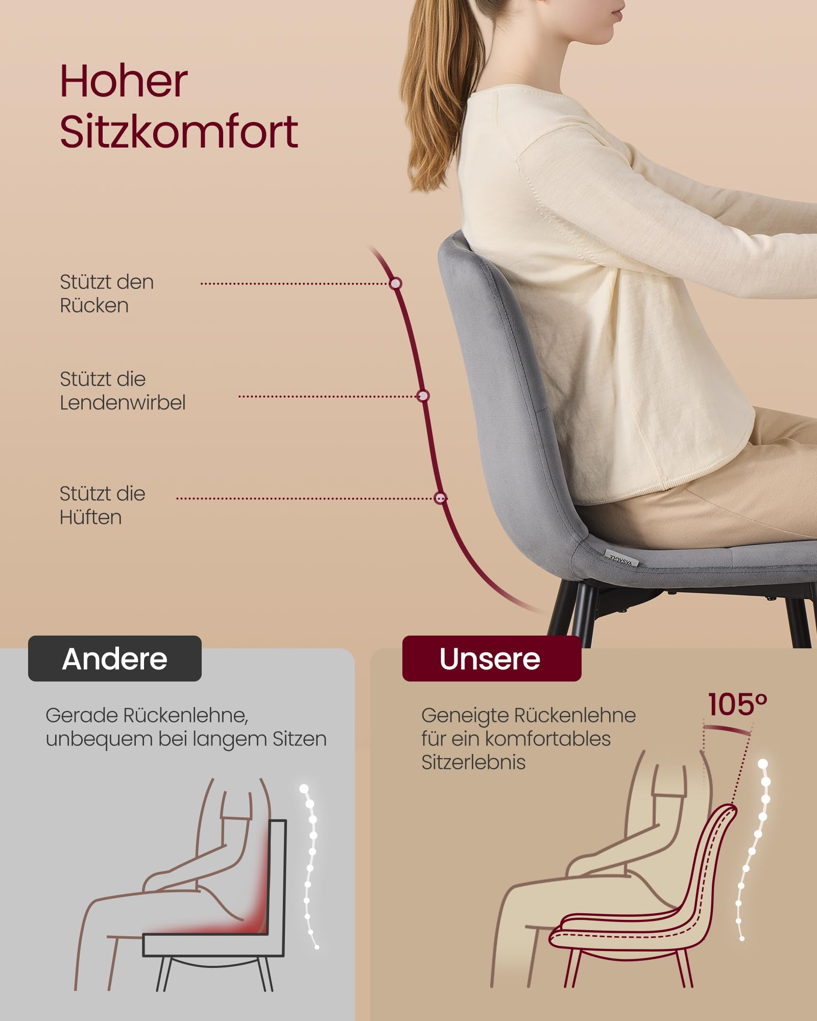 VASAGLE Esszimmerstühle Samt, Küchenstühle bis 120 kg belastbar, Sessel mit verstellbaren Füßen, modern, gepolstert, für Wohnzimmer, 2er Set, schiefergrau KDC088GN01