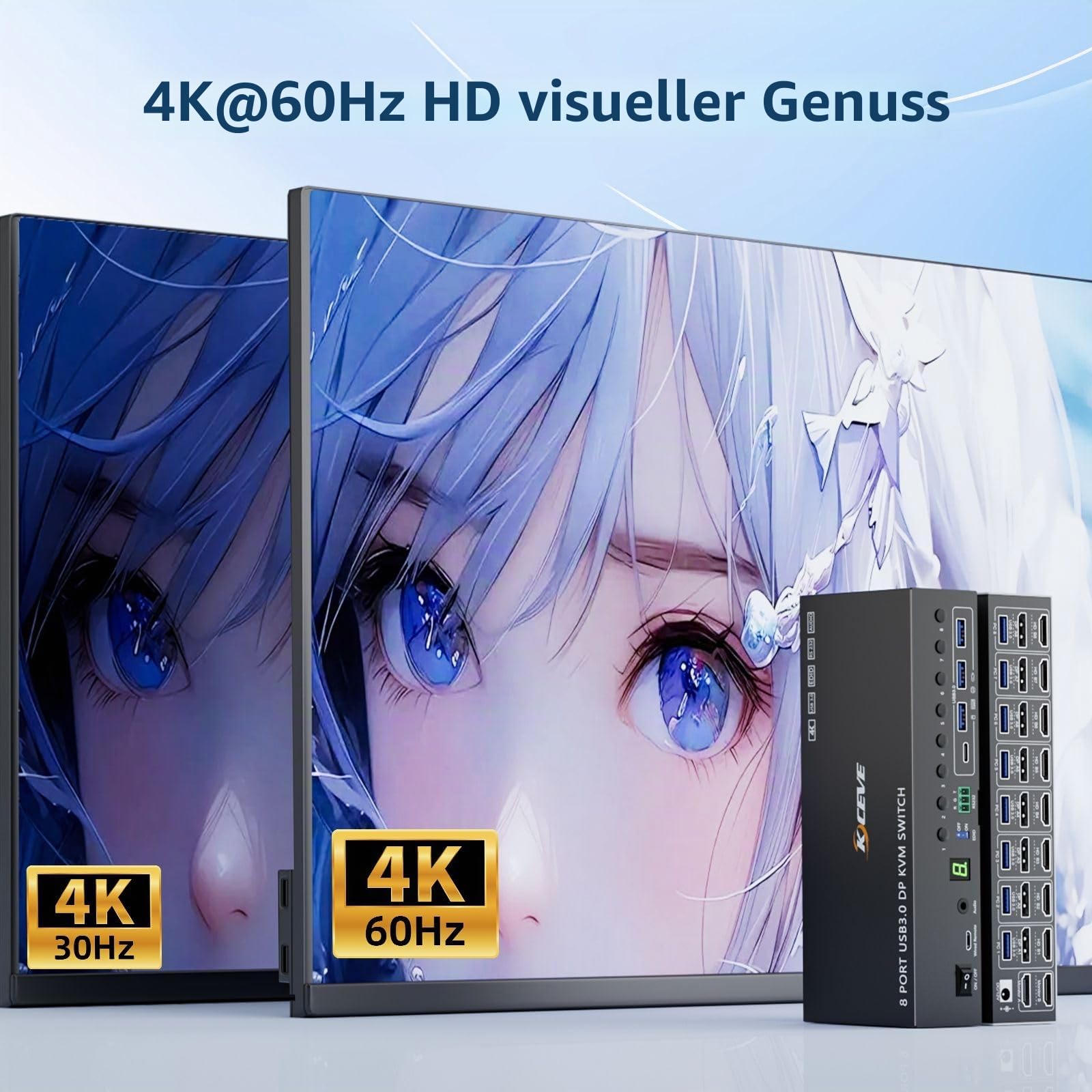 8 Port KVM Switch 2 Monitore HDMI Displayport 4K@60Hz EDID-Simulation, 8 PC Dual Monitor KVM-Switches con 4 USB 3.0 Ports für Tastatur Maus, Audio,RS232,mit Controller,12V Power und 8 USB-Kabeln