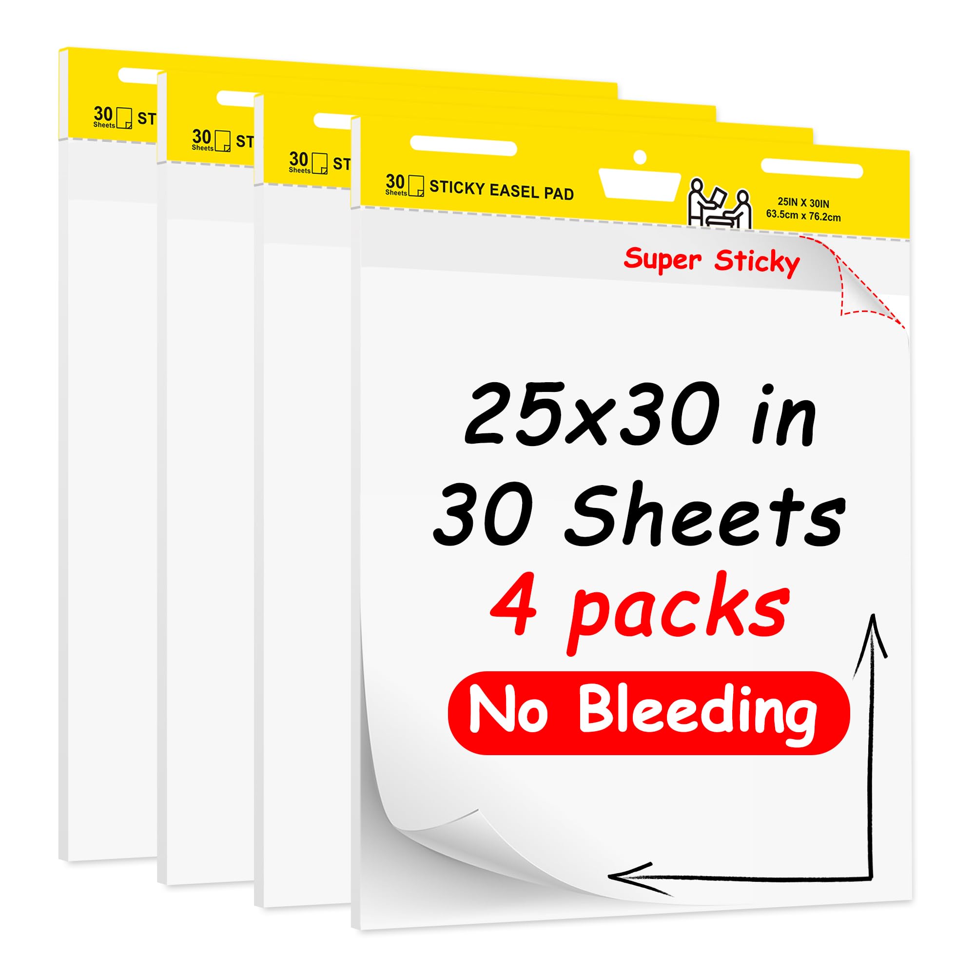 YNXPTBNC White Super Sticky Easel Pad, 25 in x 30 in，Large Self Stick Easel Paper, 30 Sheets/Pad, 4 Pack for Teachers, Businessmen, Office Workers